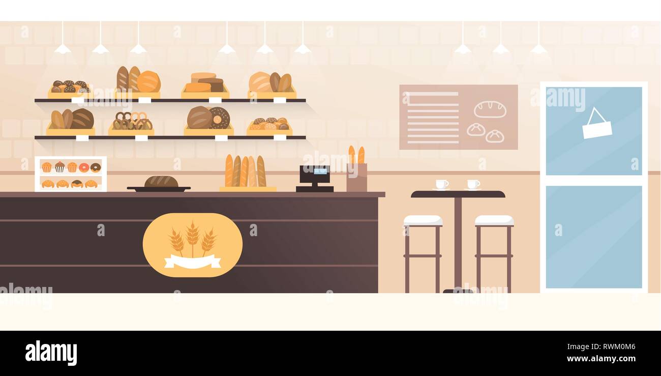 Bakery Shop e Caffetteria con pane fresco sul display, shop interno Illustrazione Vettoriale