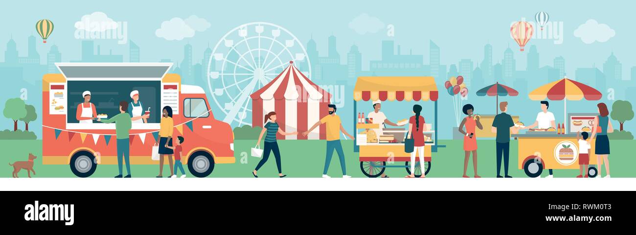 Le persone e le famiglie a street food festival nel parco della città, si divertono e mangiare spuntini deliziosi, il circo e la ruota panoramica del bac Illustrazione Vettoriale
