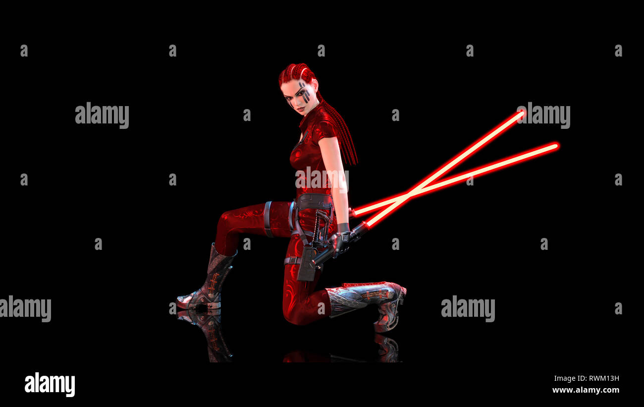 Redhead warrior girl futuristico con le spade di luce in ginocchio, donna intrecciato con sci-fi laser arma saber isolato sul nero, rendering 3D Foto Stock