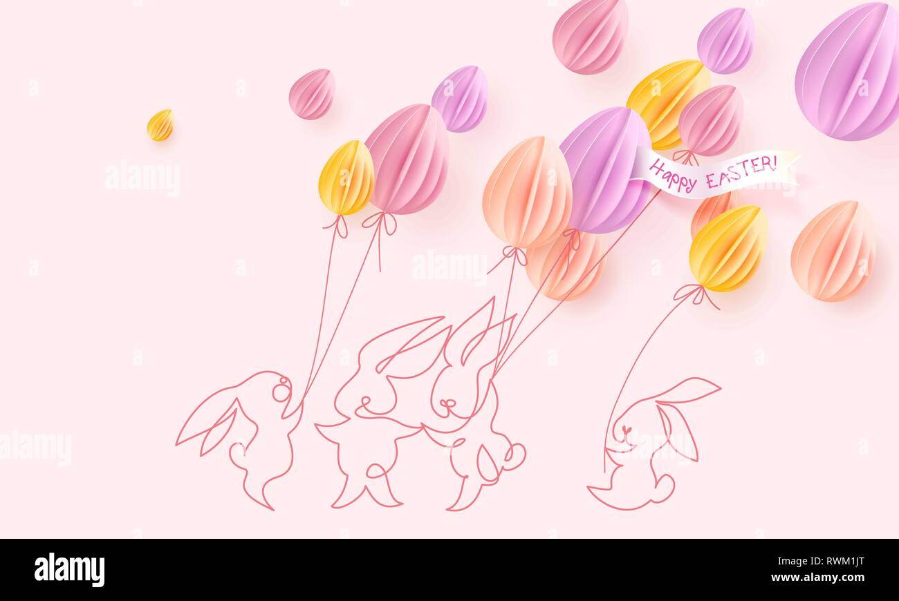 Felice Pasqua card. Carino disegnato a mano i conigli con aria palloncini sagomati come uova. Vettore desing di carta illustrazione. Continuo di uno stile della linea. Illustrazione Vettoriale