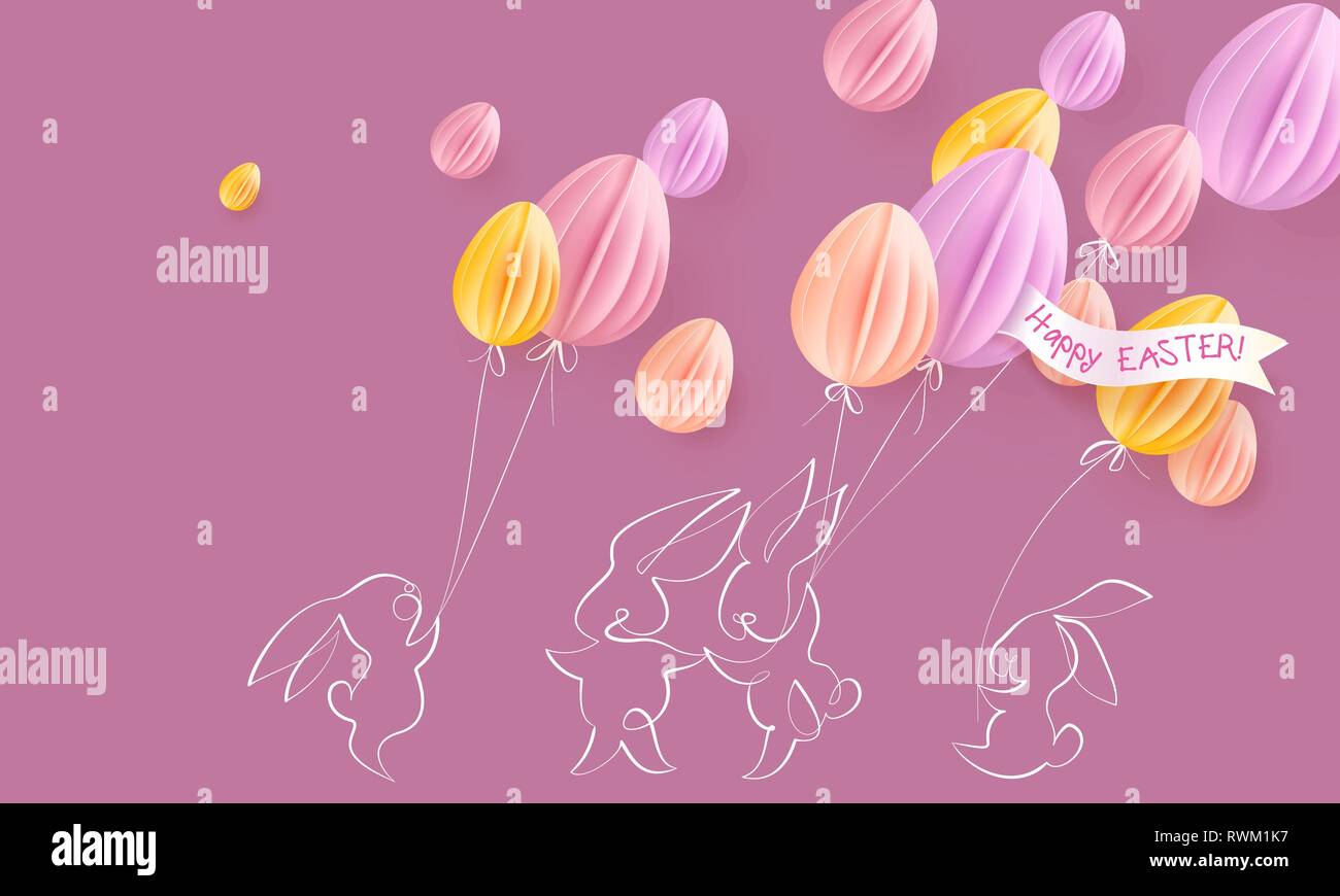 Felice Pasqua card. Carino disegnato a mano i conigli con aria palloncini sagomati come uova. Vettore desing di carta illustrazione. Continuo di uno stile della linea. Illustrazione Vettoriale