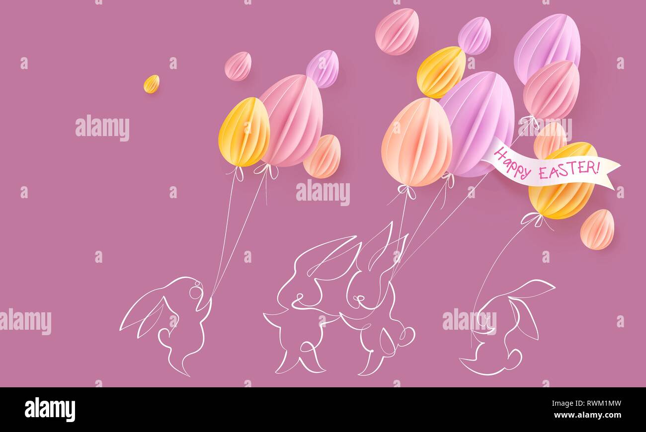 Felice Pasqua card. Carino disegnato a mano i conigli con aria palloncini sagomati come uova. Vettore desing di carta illustrazione. Continuo di uno stile della linea. Illustrazione Vettoriale