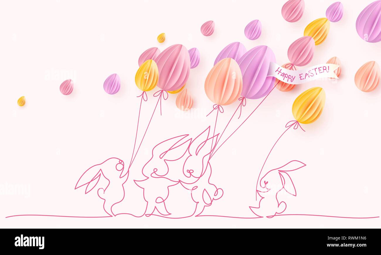 Felice Pasqua card. Carino disegnato a mano i conigli con aria palloncini sagomati come uova. Vettore desing di carta illustrazione. Continuo di uno stile della linea. Illustrazione Vettoriale