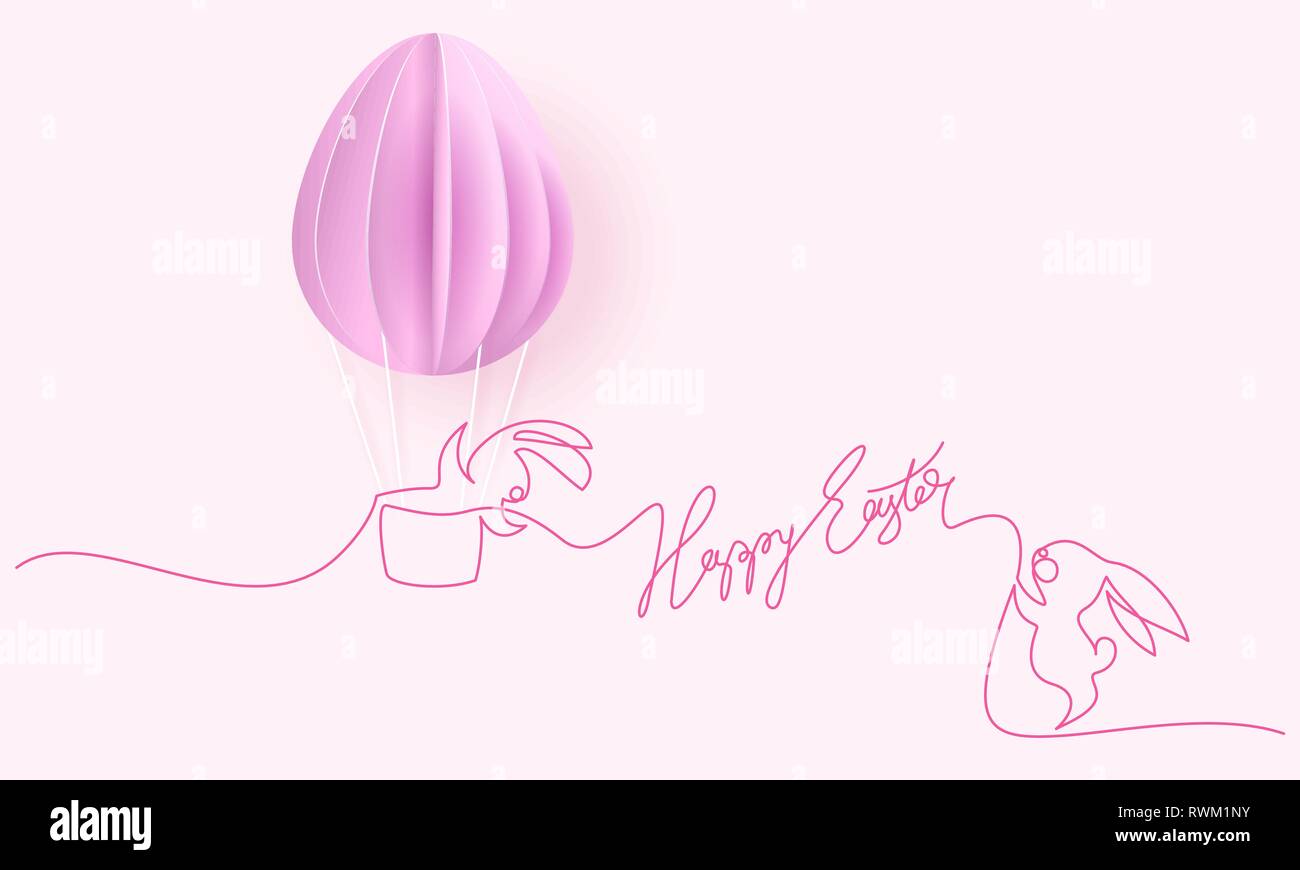 Felice Pasqua card. Carino disegnato a mano i conigli con aria palloncino a forma di uova. Vettore desing di carta illustrazione. Continuo di uno stile della linea. Illustrazione Vettoriale