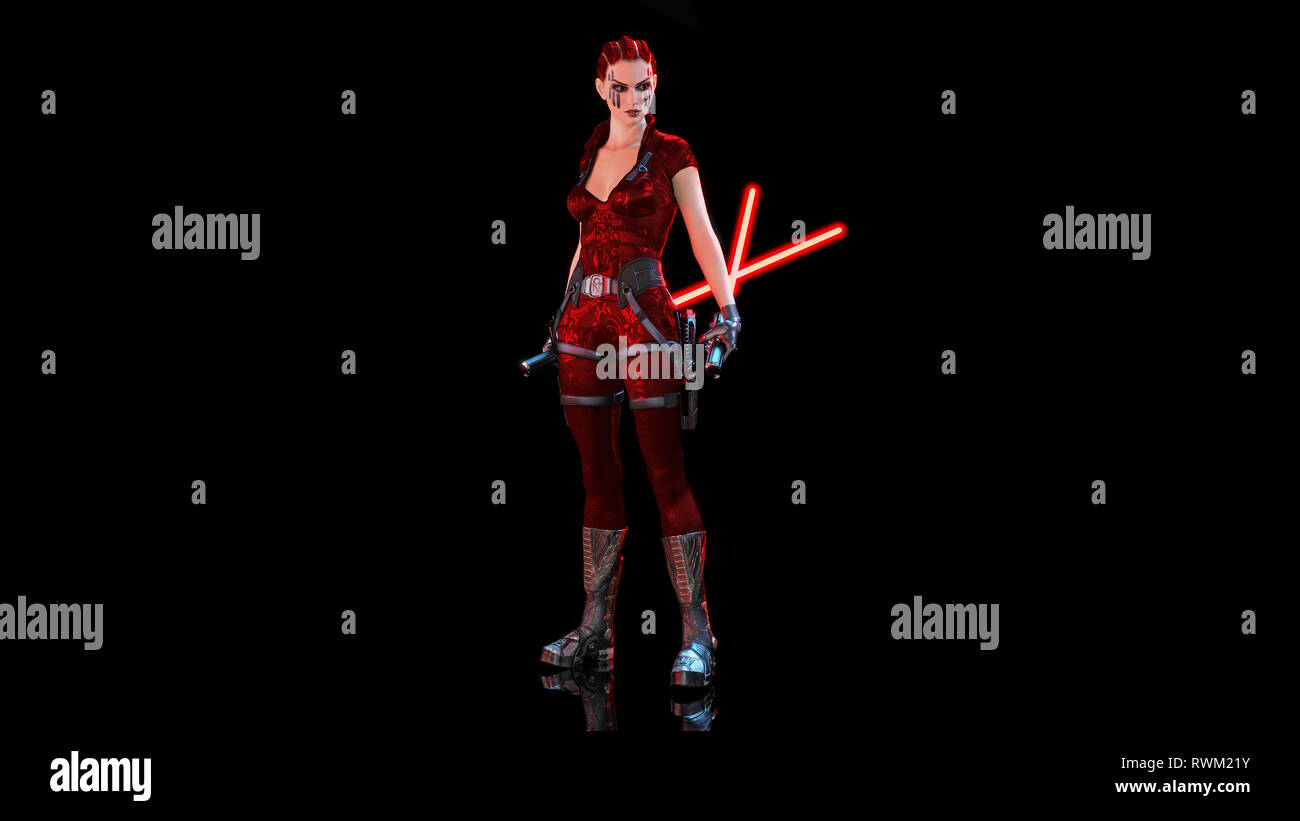 Redhead warrior ragazza con due sci-fi di spade laser, donna intrecciato con il futuristico saber arma isolati su sfondo nero, rendering 3D Foto Stock