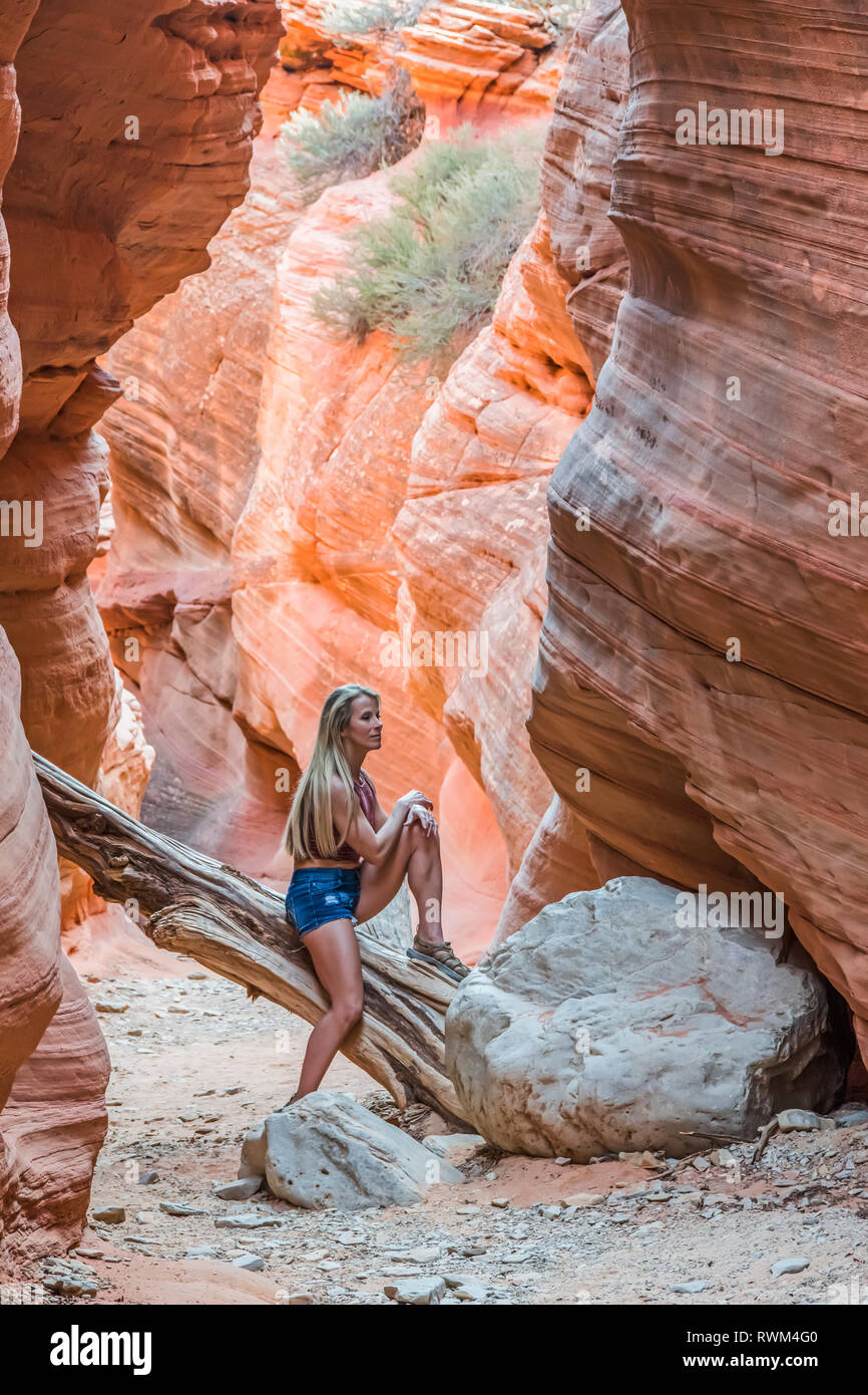 Una donna con lunghi capelli biondi siede su un log in peek-a-boo Gulch, uno slot canyon in grande scala- area Escalante Foto Stock