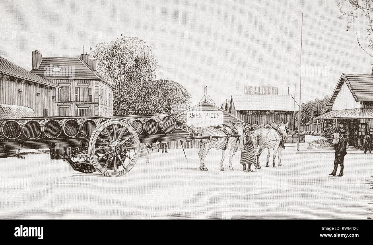 Il vino area di deposito lungo il Fiume Senna, Bercy, Parigi, Francia, visto qui durante il XIX secolo. Botti di vino lasciando per interni di Parigi. Da La Ilustracion Artistica, pubblicato 1887. Foto Stock