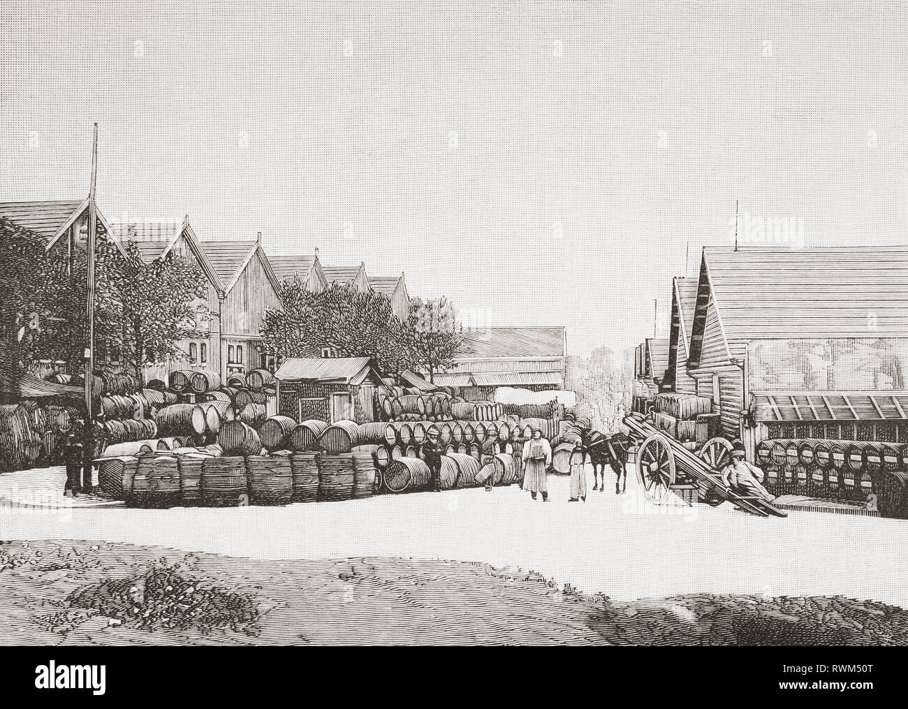 Il vino area di deposito lungo il Fiume Senna, Bercy, Parigi, Francia, visto qui durante il XIX secolo. Magazzini per la miscelazione di vini leggeri e con quelle della Spagna. Da La Ilustracion Artistica, pubblicato 1887. Foto Stock