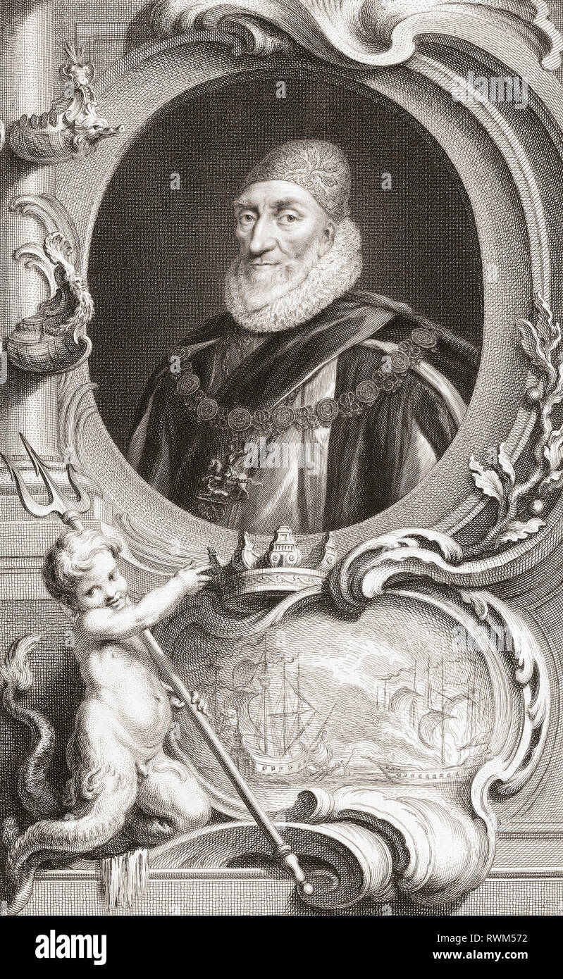 Charles Howard, 1° Conte di Nottingham, secondo il Barone Howard di Effingham, noto come Howard di Effingham,1536 - 1624. Statista e Lord Alto Ammiraglio di Elisabetta I e Giacomo I, comandante dell'armata spagnola. Dal 1813 edizione di capi di illustri personalità della Gran Bretagna, inciso dal sig. Houbraken e il sig. Vertue con la loro vita e caratteri. Foto Stock