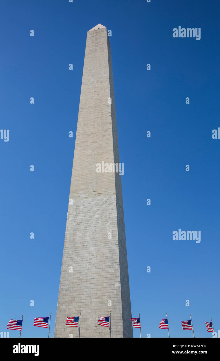 Il Monumento a Washington con bandierine americane di seguito; Washington DC, Stati Uniti d'America Foto Stock