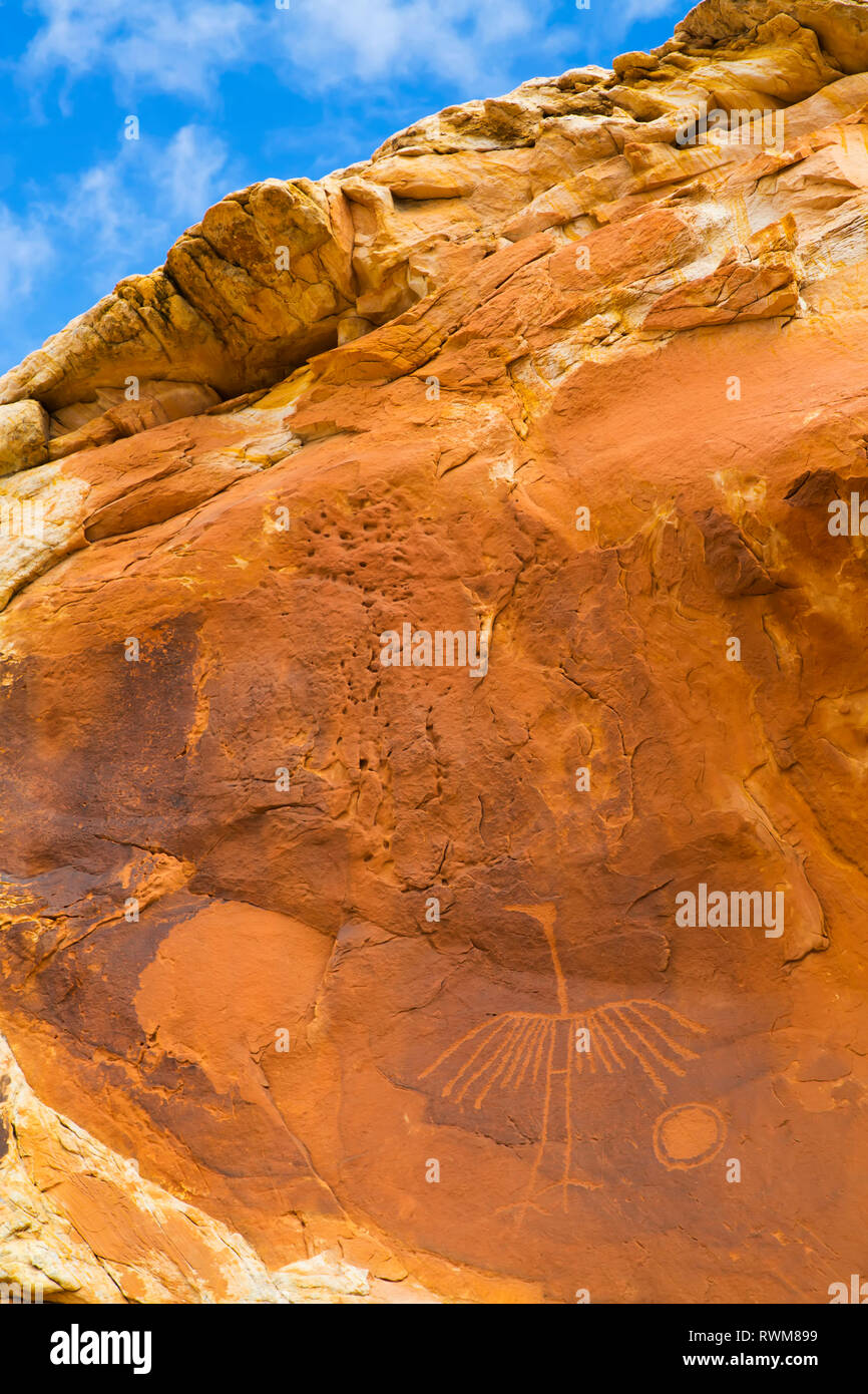 Gru grande pittogramma fatto da Puebloans ancestrale, circa 900-1000 Anni, porta le orecchie monumento nazionale; Utah, Stati Uniti d'America Foto Stock