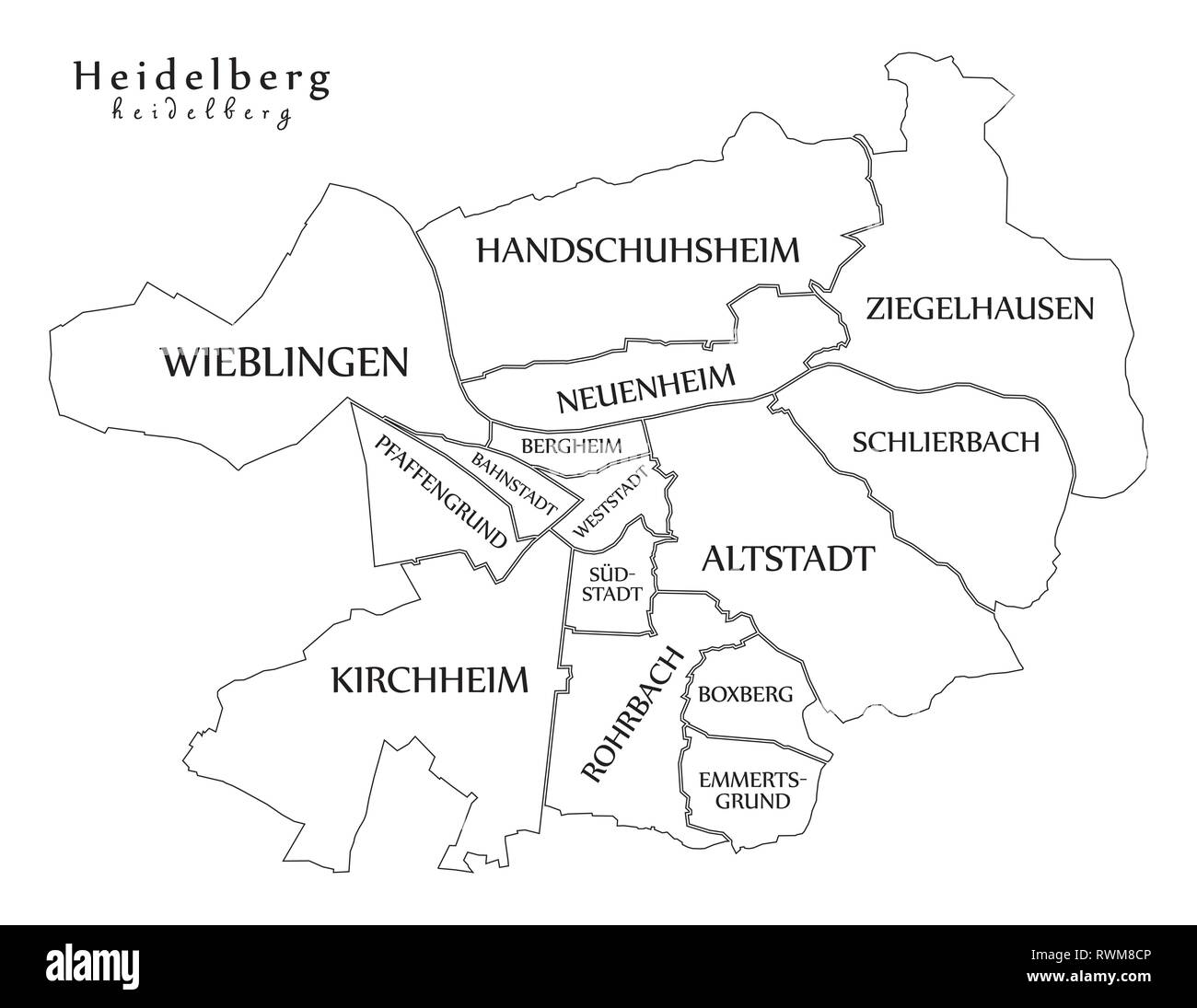 Città moderna mappa - Heidelberg città della Germania con comuni e titoli DE mappa di contorno Illustrazione Vettoriale
