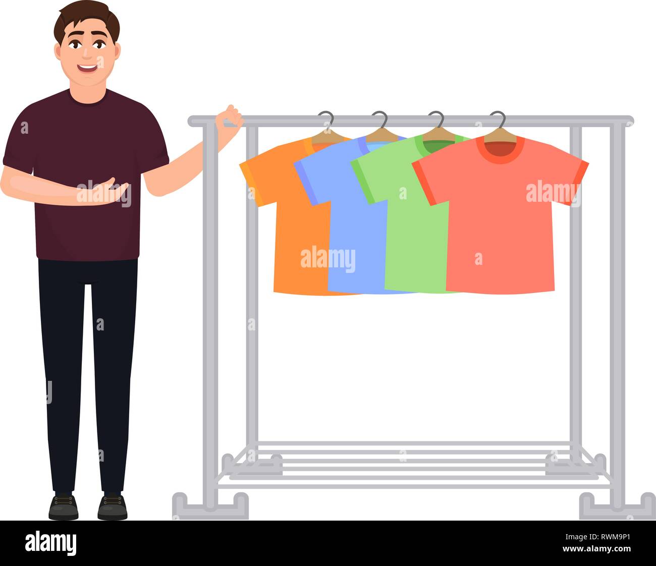 Il ragazzo si mette in mostra un armadio di t-shirt, un uomo vende t-shirt, un appendiabiti, un carattere in uno stile cartoon. Illustrazione Vettoriale