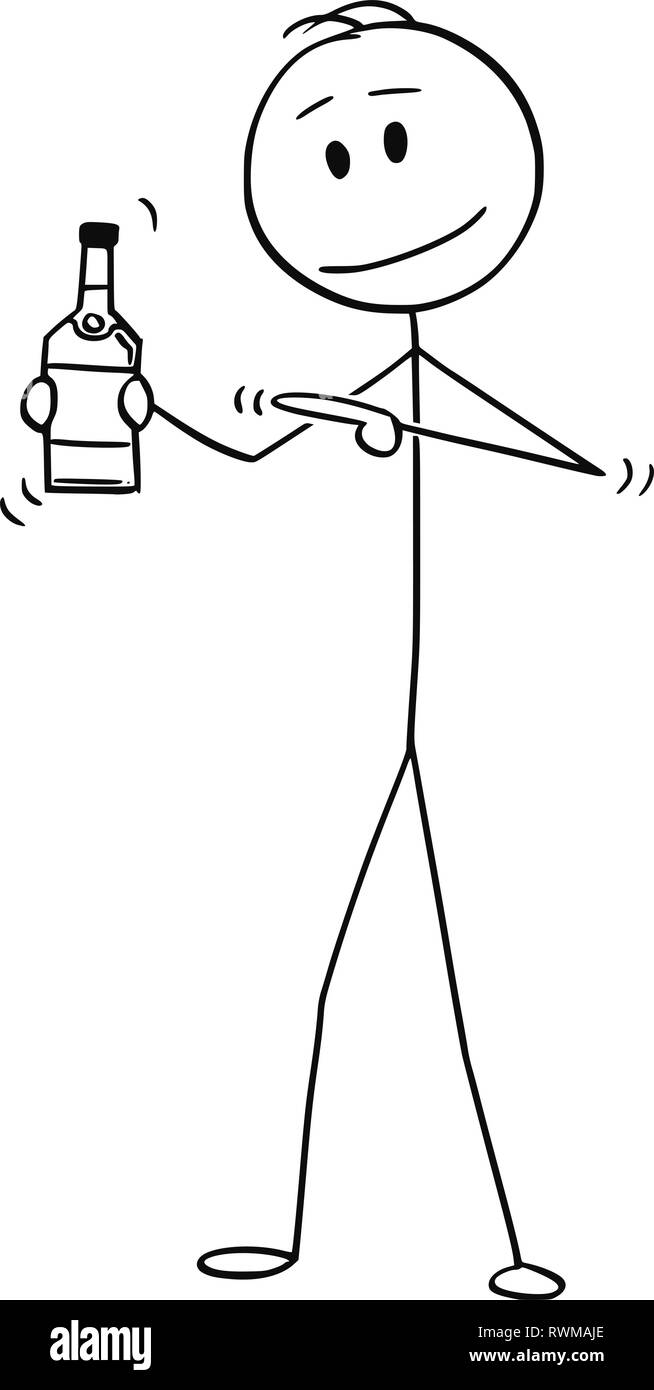 Cartoon di Man Holding e puntando alla bottiglia di alcool Illustrazione Vettoriale