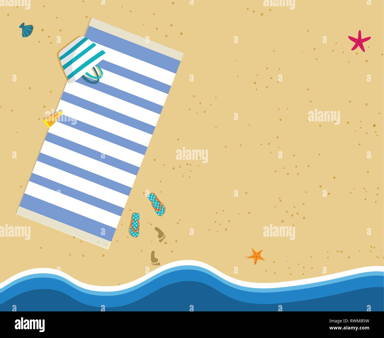 Spiaggia sabbiosa tropicale sfondo con copia spazio. Lato mare con onde e zona ricreativa. Footprint di andare in acqua. Pantofole, asciugamano, accesso di vacanza Illustrazione Vettoriale