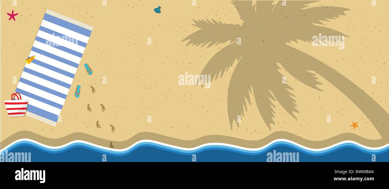 Banner orizzontale con copia spazio. Vista superiore della costa del mare, oceano mare con Giallo sabbia dorata, stelle marine e Palm Tree Shadow. Sfondo per l'estate Illustrazione Vettoriale