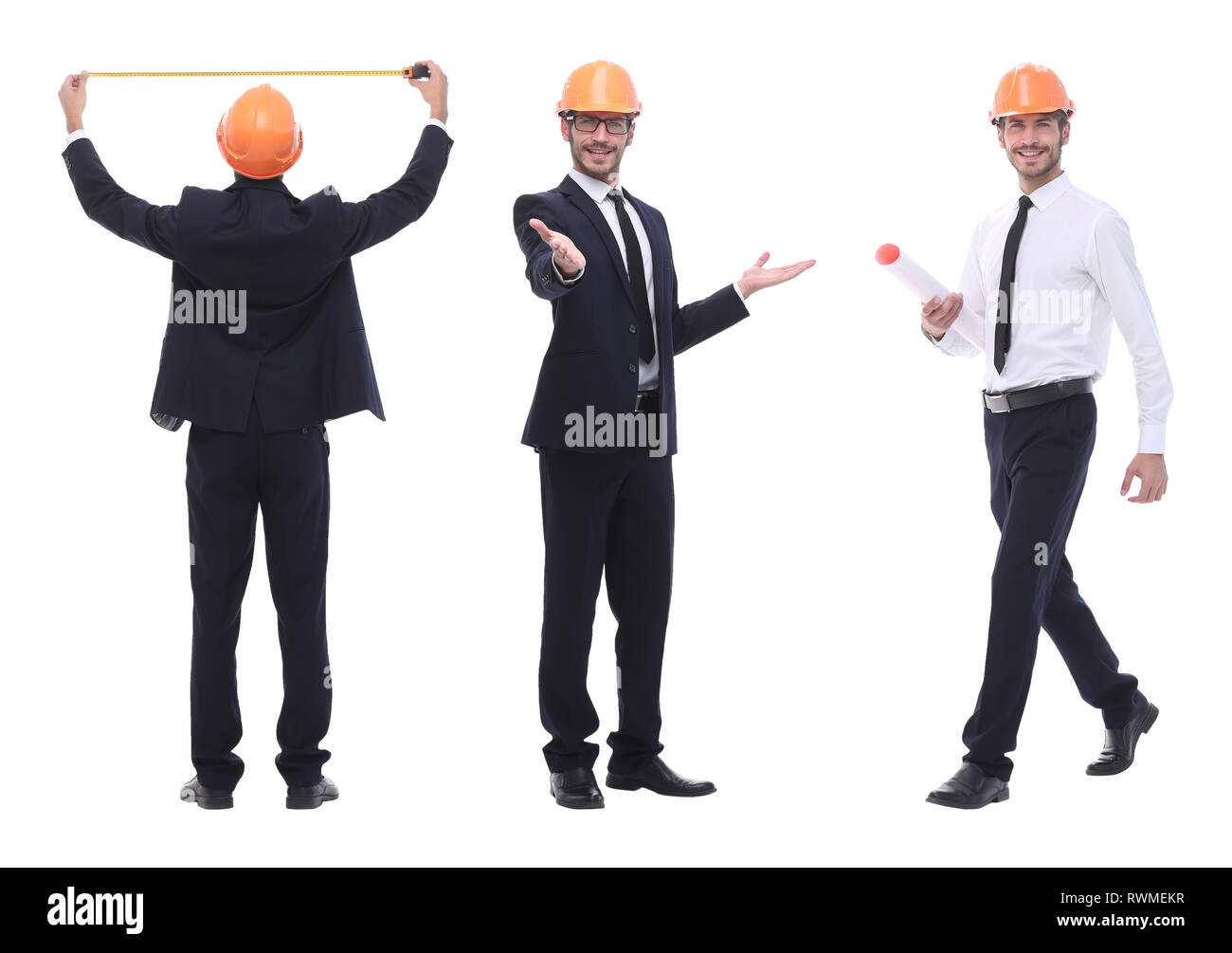 In piena crescita .ingegnere qualificato architetto isolato su bianco Foto Stock