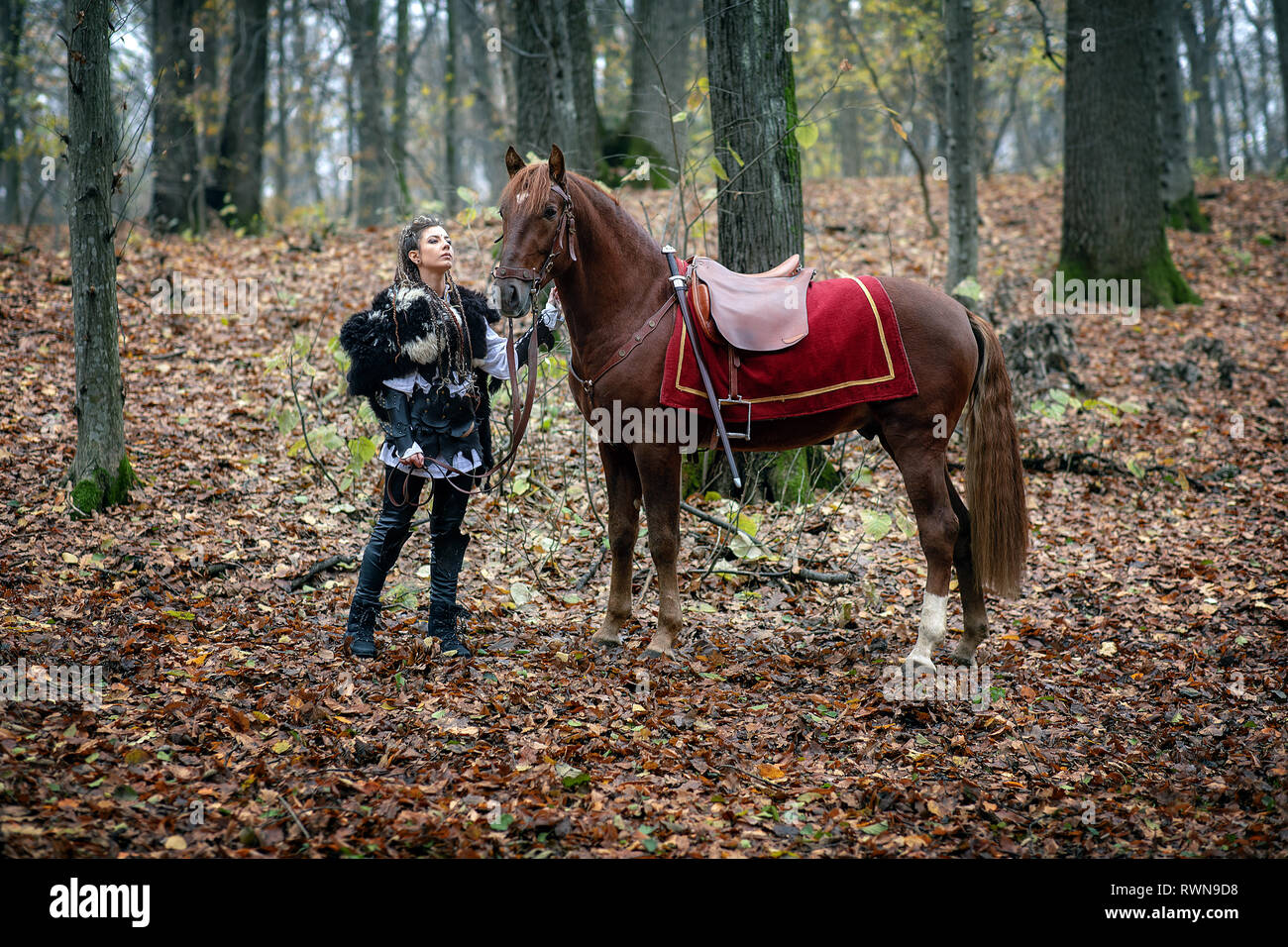 La bellezza del guerriero con il suo cavallo nel bosco. Viking donna. La ricostruzione di una guerra medievale di scena nel bosco in autunno. Foto Stock