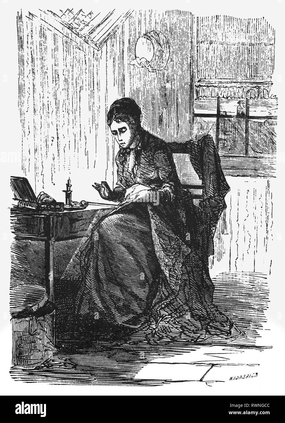 La lettura a lume di candela a casa di Haarlem, Paesi Bassi. Dalla Camera Obscura, una collezione di olandesi ironico-realistico saggi, storie e bozzetti in cui Hildebrand, l'autore tiene un ironico guardare il comportamento del 'ben-to-do', trovando in essi borghesi e senza una buona parola per loro. Foto Stock