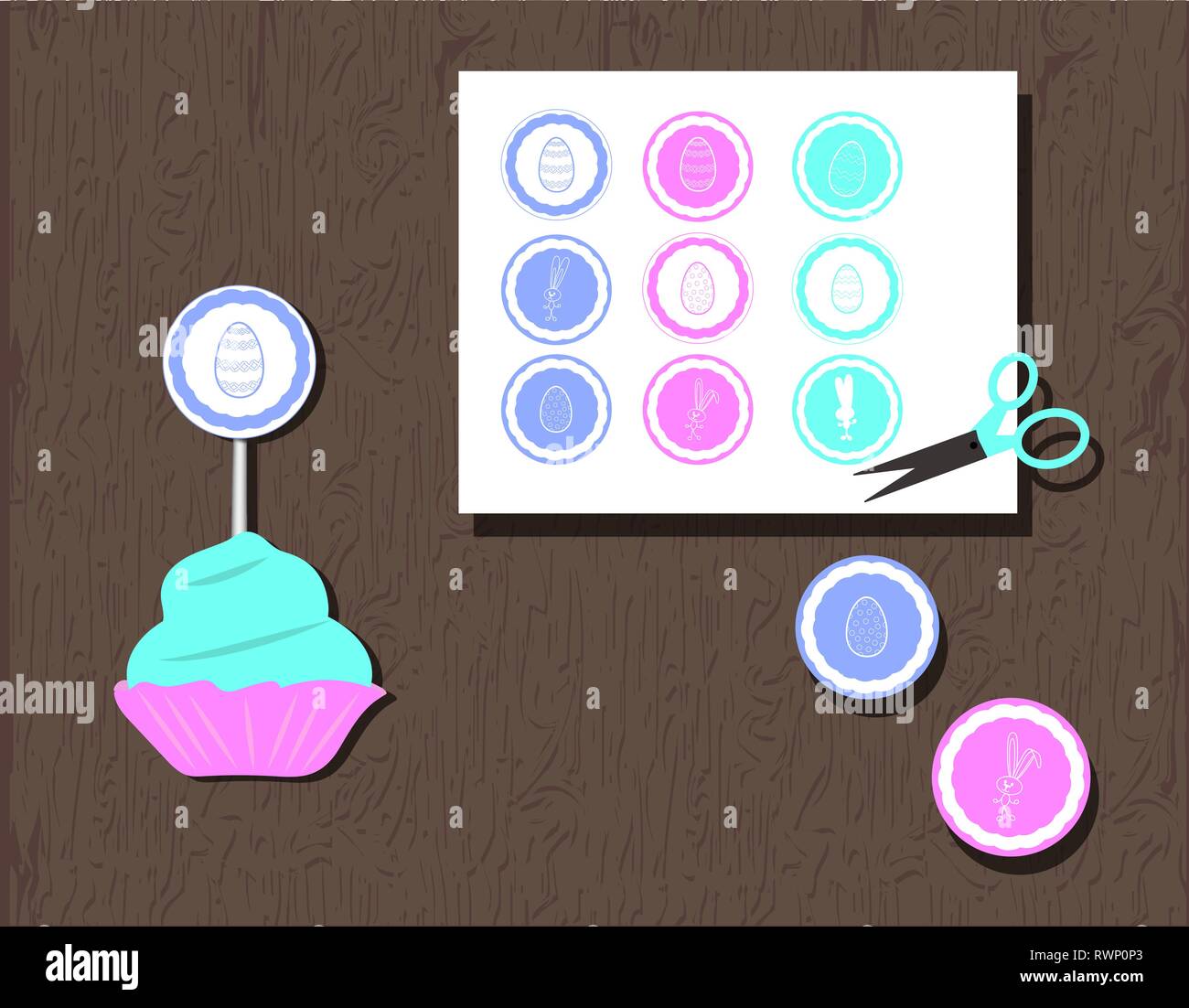 Vector Cupcake topper o adesivi con uova, cuori e conigli. illustrazione delicati colori acquamarina turchese, rosa, blu. Sagome bunny e Illustrazione Vettoriale