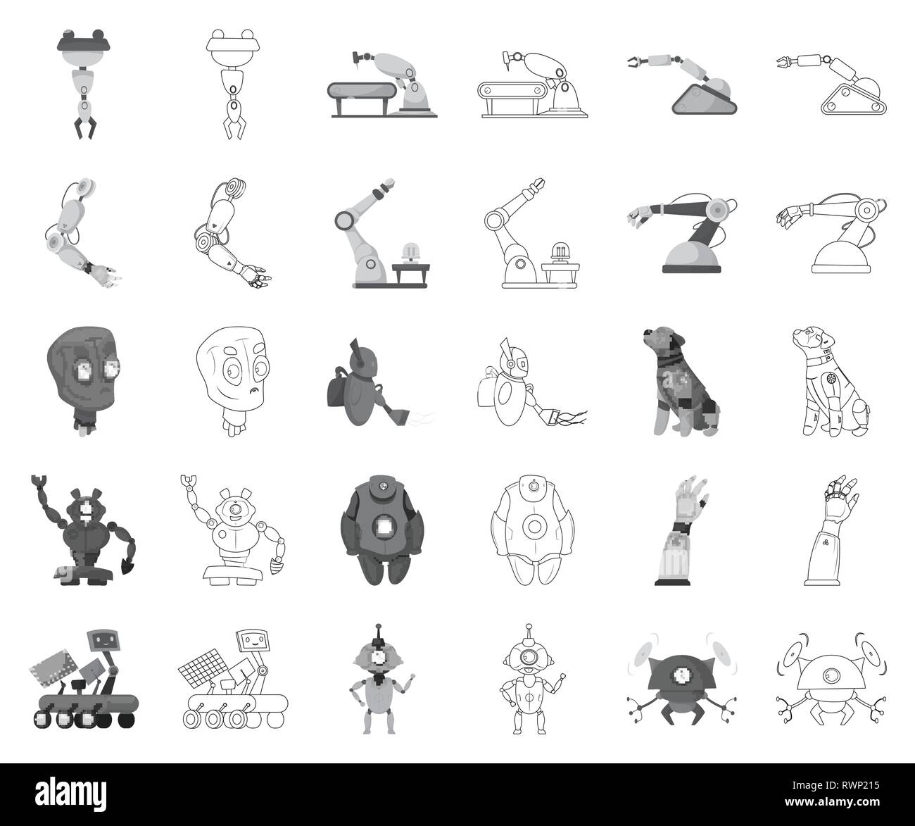 Braccio,testa,vuoto,dog,alien,Marte,humanoid,mano,occhi,APPARECCHIO,,artificiale beatle,rover,i bambini,tech,laser,faccia,l'intelligenza,animale,veicolo,grandi,nasa,futuro,produzione,,cavo tappeto,digital,robot,factory,automatizzato,spazio,personaggio,cyber,macchina,cyborg,technology,computer,segno,impostare,raccolta,vettore,icona,web,logo,immagine,design,isolato,il simbolo,monocromatico, delineano,colore vettori vettore , Illustrazione Vettoriale