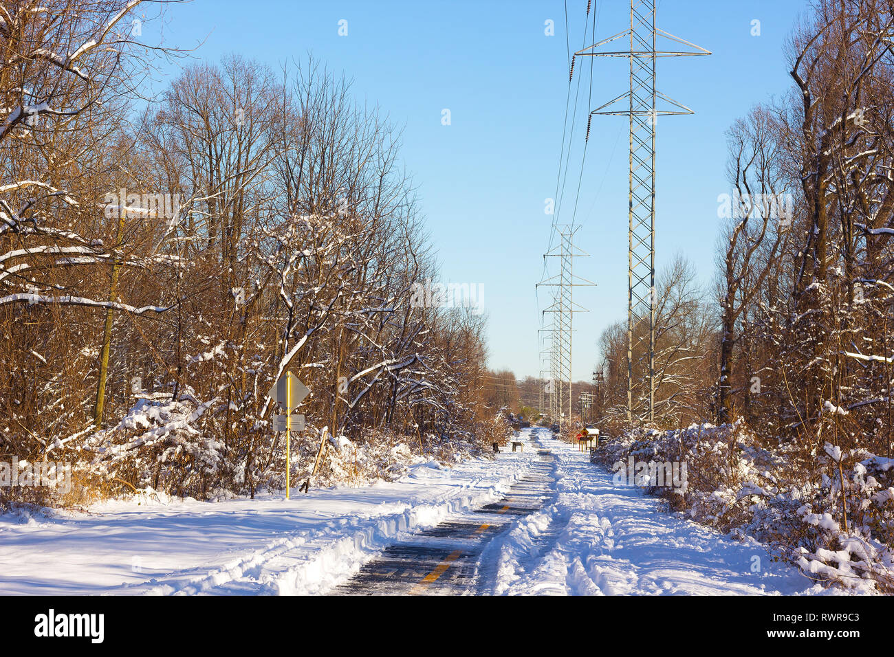 Escursione pavimentato e Bike Trail in inverno. Neve sulla terra e rami di alberi dopo la nevicata a Falls Church, VA, Stati Uniti d'America. Foto Stock