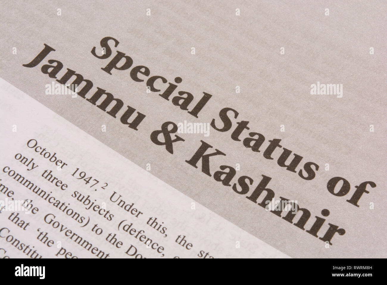 Maski,Karnataka, India - gennaio,09,2019 : Speciale dello stato di Jammu e Kashmir stampa su carta. Foto Stock