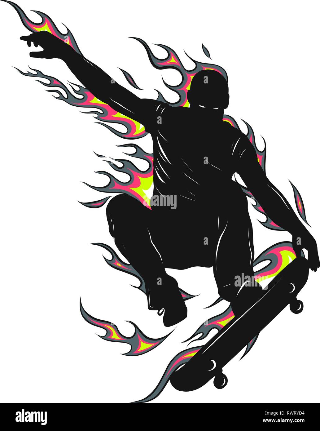 Boy jumping con lo skateboard con fiamme dietro Immagine e Vettoriale -  Alamy