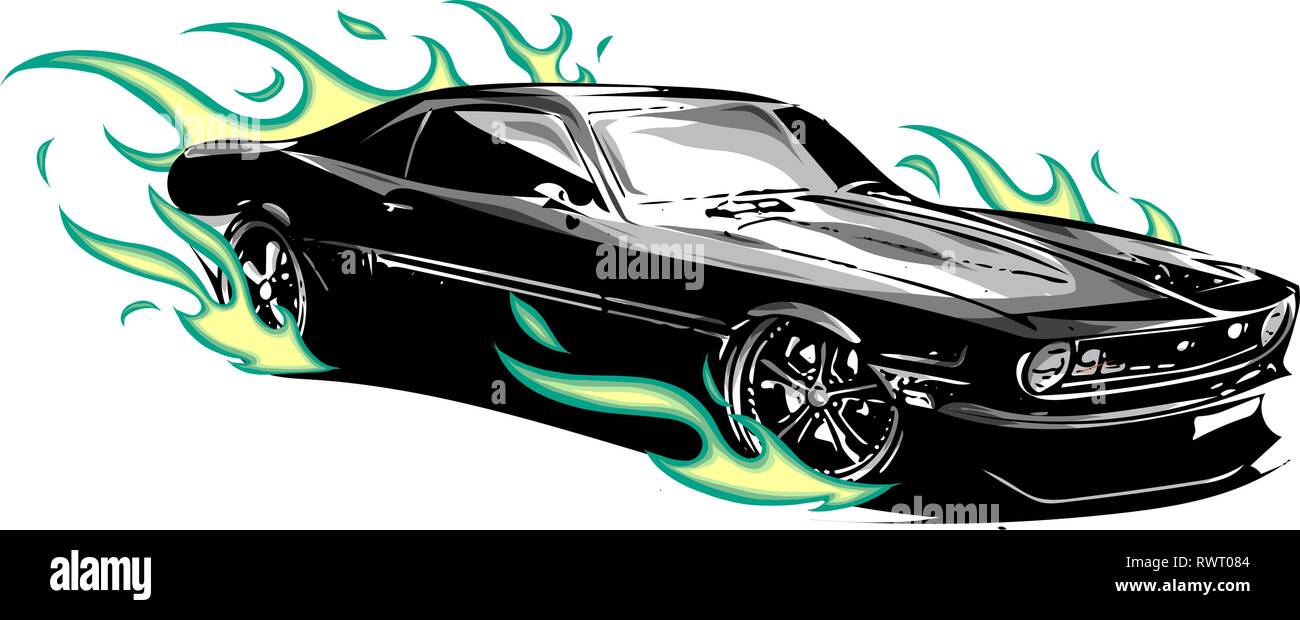 Vintage muscle car con le fiamme di un incendio e circa Illustrazione Vettoriale