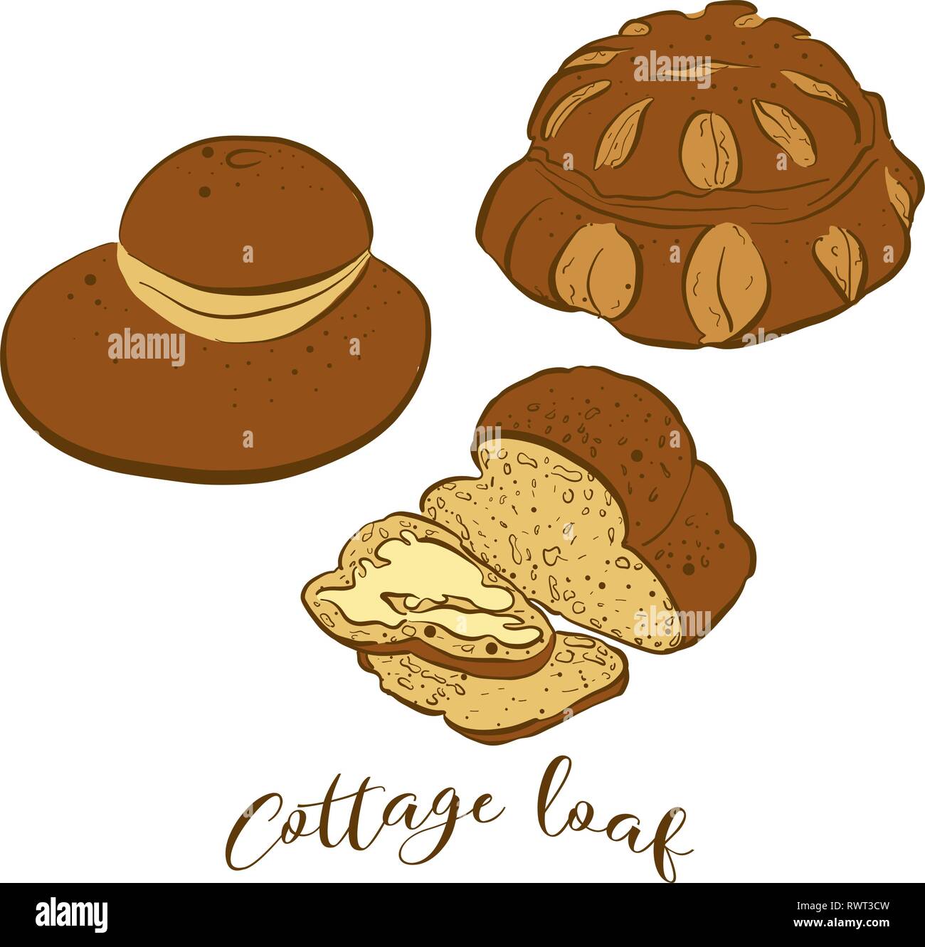 Schizzi colorati di Cottage Focaccia pane. Vettore di disegno di pane di lievito alimentare, usualmente noto nel Regno Unito. Pane colorato illustrazione serie. Illustrazione Vettoriale