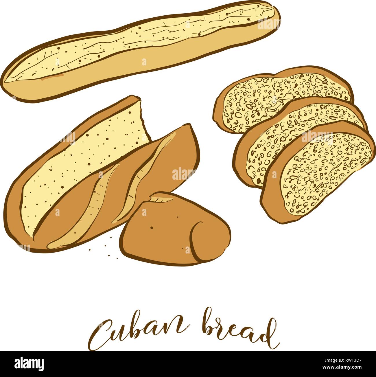 Schizzi di colore del pane cubana il pane. Vettore di disegno di pane di lievito alimentare, usualmente noto negli Stati Uniti. Pane colorato illustrazione serie. Illustrazione Vettoriale