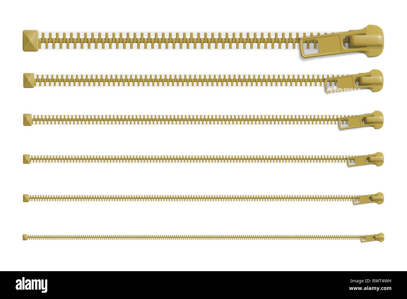 Set di ZIP chiuso blocca con diverse dimensioni, vuoto mockup. Realistico illustrazione vettoriale Illustrazione Vettoriale