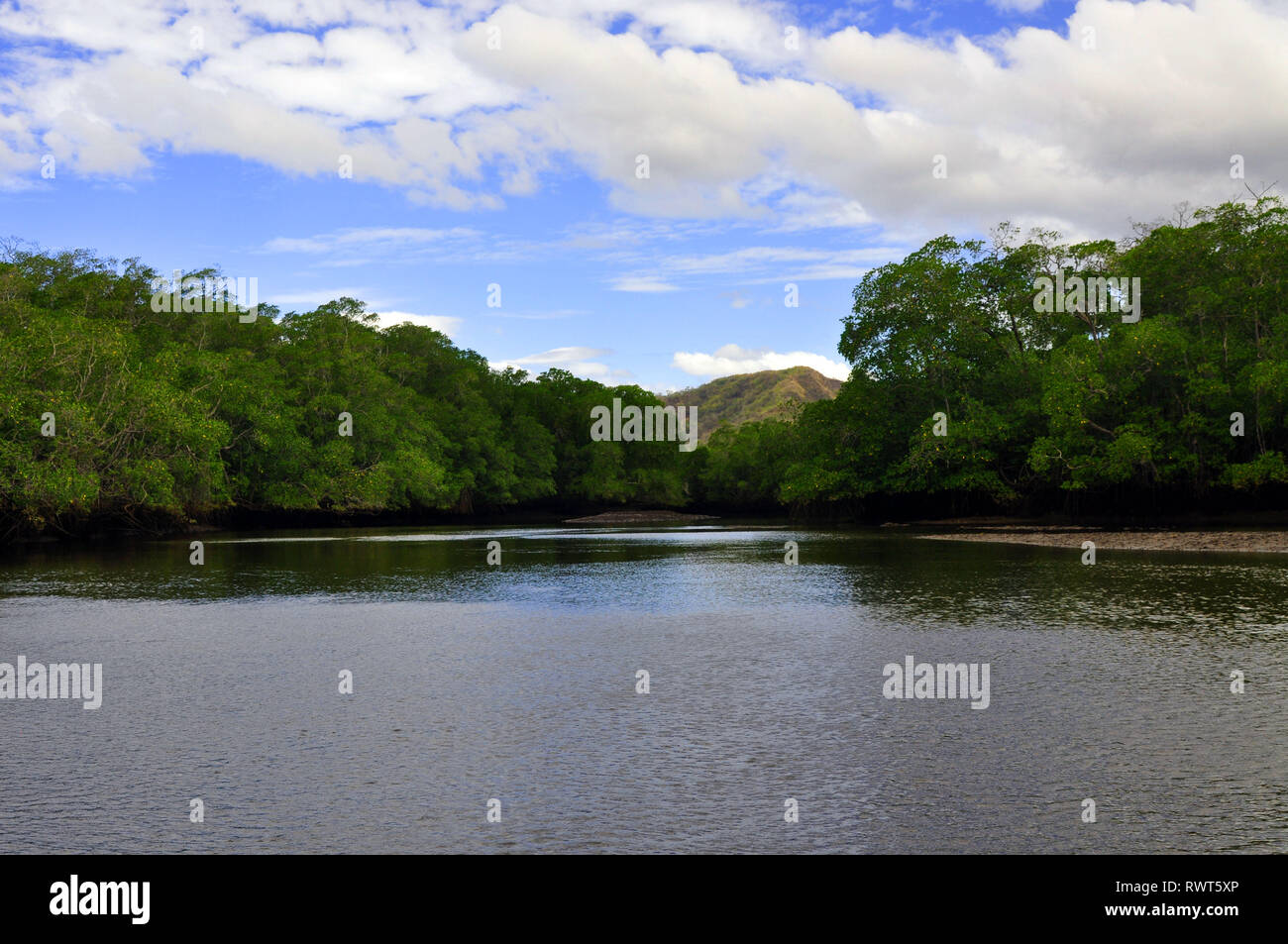 Un fiume con alberi, una montagna ed un cielo blu e nuvole in Costa Rica Foto Stock