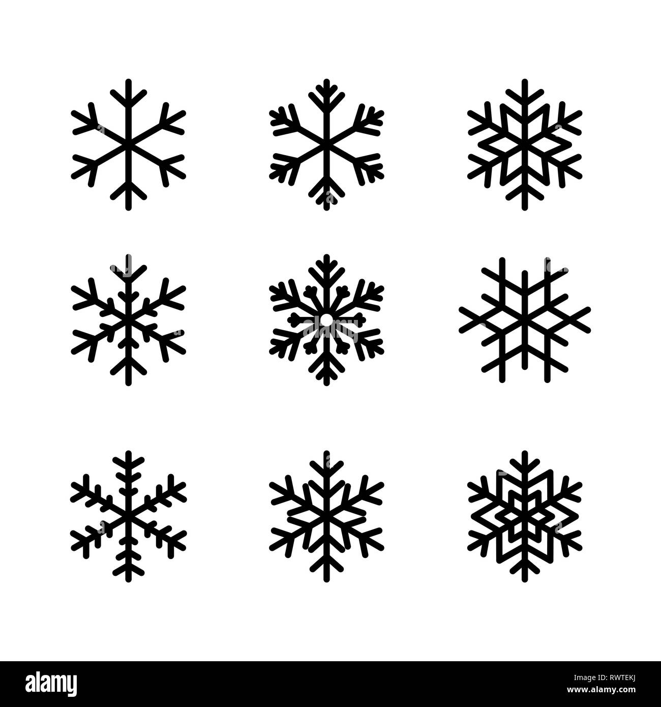 Il simbolo del fiocco di neve in inverno insieme di isolato nero icona nove silhouette su sfondo bianco illustrazione vettoriale. Illustrazione Vettoriale