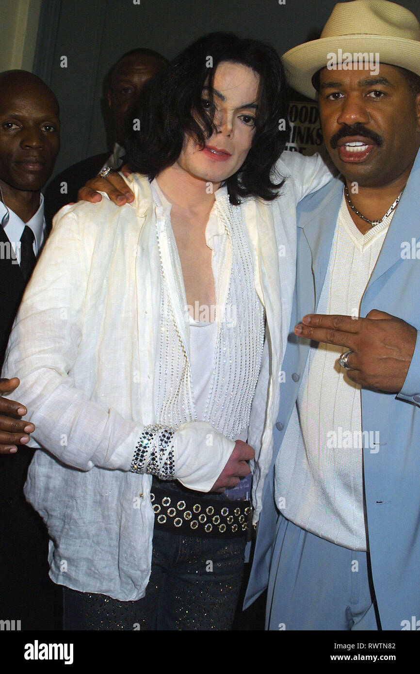 Michael Jackson ponendo il con il maestro di cerimonia Steve Harvey presso la sua festa di compleanno presso l oppio Theatre di Los Angeles. Agosto 28, 2003.== JacksonMichael HarveuSteve 07 evento nella vita di Hollywood - California, tappeto rosso Evento, STATI UNITI D'AMERICA, industria cinematografica, celebrità, fotografia, Bestof, arte cultura e intrattenimento, Topix celebrità moda, migliori della vita di Hollywood, evento nella vita di Hollywood - California, moquette rossa e dietro le quinte, movie celebrità, personaggi televisivi, musica celebrità, Topix, Bestof, arte cultura e intrattenimento, verticale, una persona, fotografia, Headshot, 2002 Indagine Foto Stock