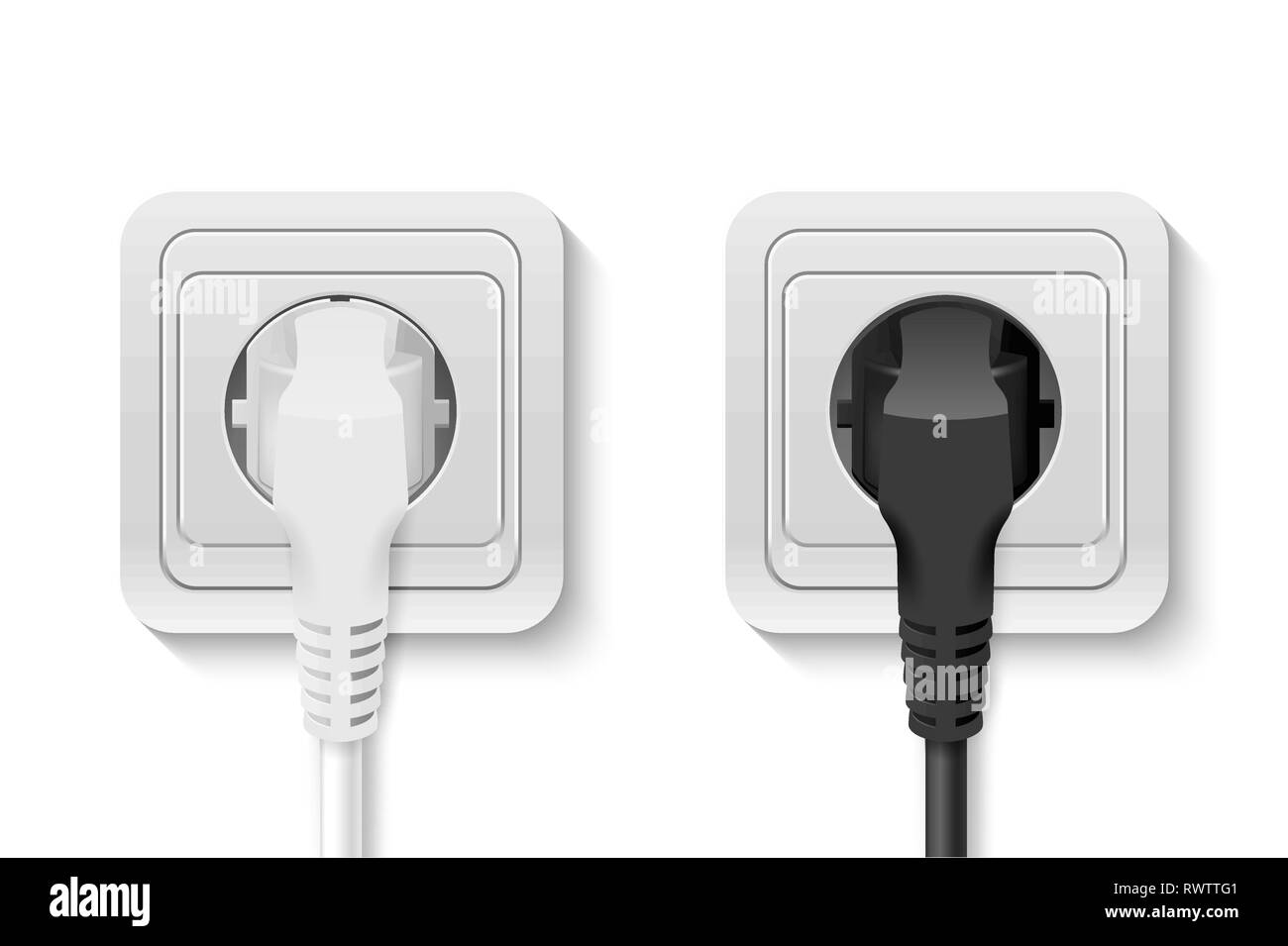 Vettore realistica 3D in bianco e nero a spina inserita in una presa di corrente a muro impostare Closeup isolato su bianco. Modello di progetto di Plug in linee elettriche Illustrazione Vettoriale