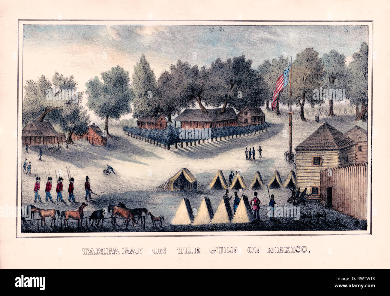 Vista di caserme e tende a Fort Brooke durante la Guerra di Seminole in Florida in 1835. Foto Stock