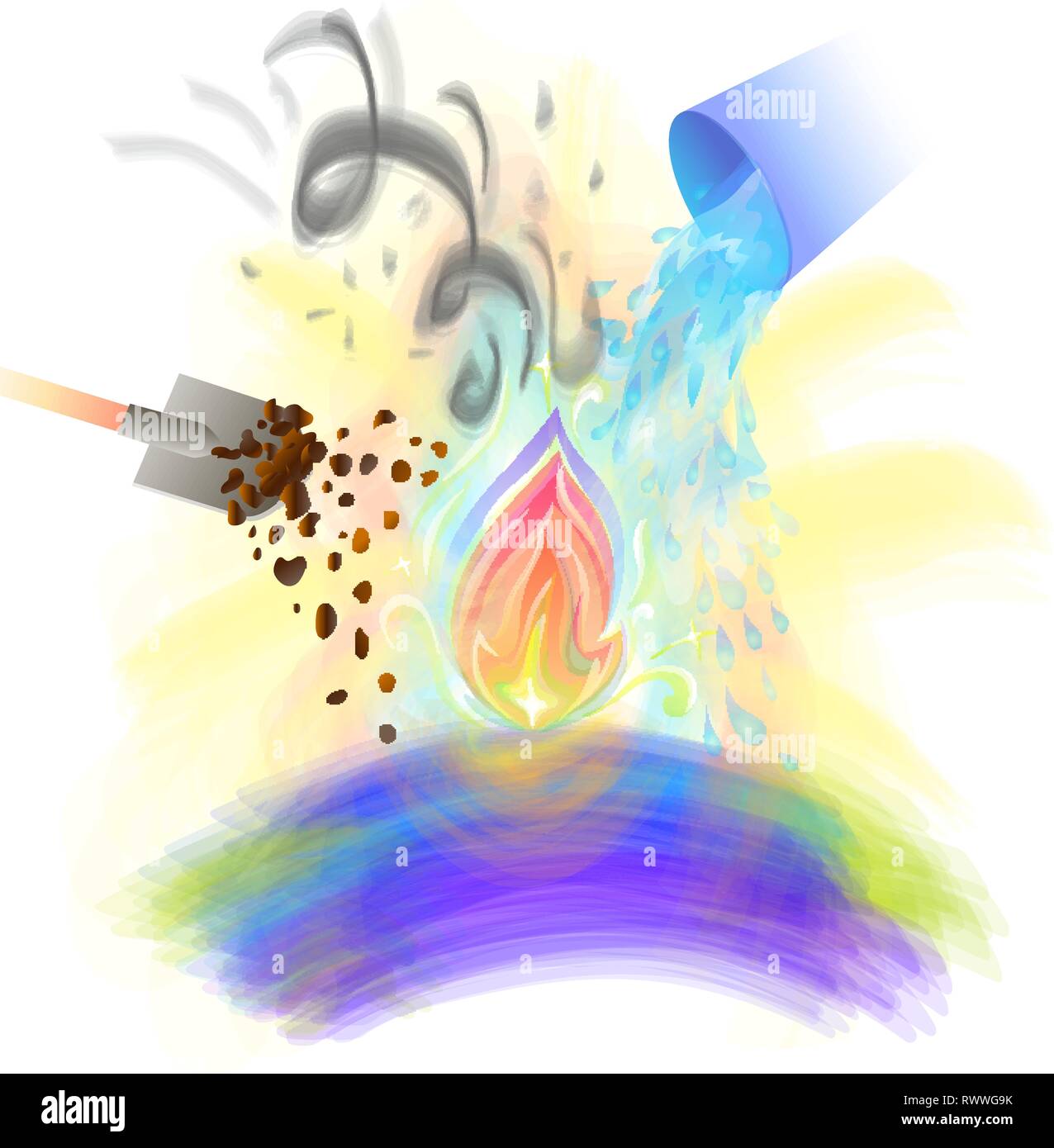 Concetto di conserve di inizio divino, test di sopravvivenza, trattare con difficoltà in forma di fuoco che tentano di distruggere, l'allagamento con acqua, Illustrazione Vettoriale