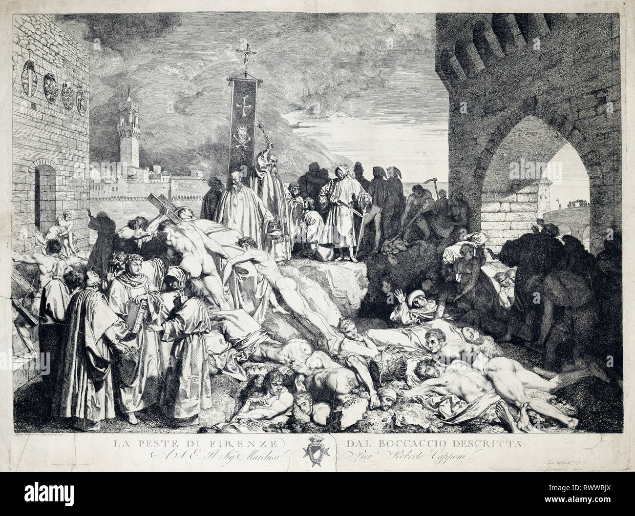 La peste di Firenze nel 1348, Giovanni Boccaccio, Boccaccio, il Decameron, L. Sabatelli attacco, Morte Nera Foto Stock