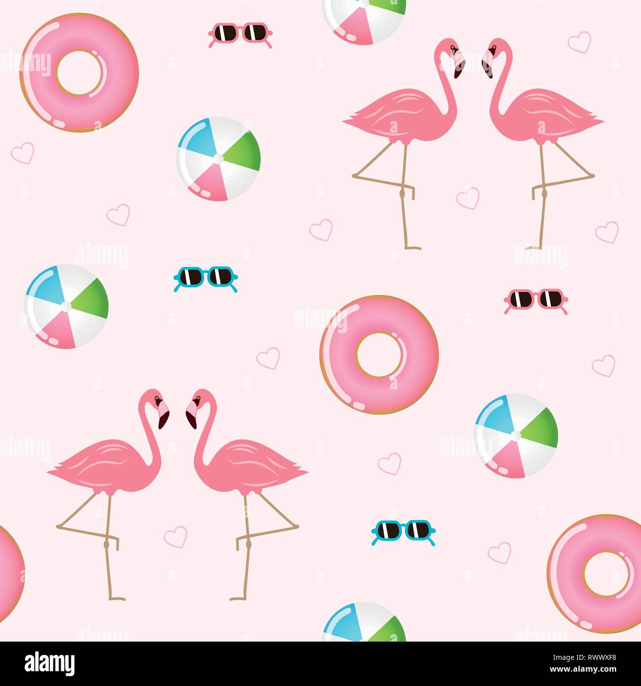 Modello di perfetta estate tropicale design con i fenicotteri rosa anello flottante e sunglassses illustrazione vettoriale EPS10 Illustrazione Vettoriale