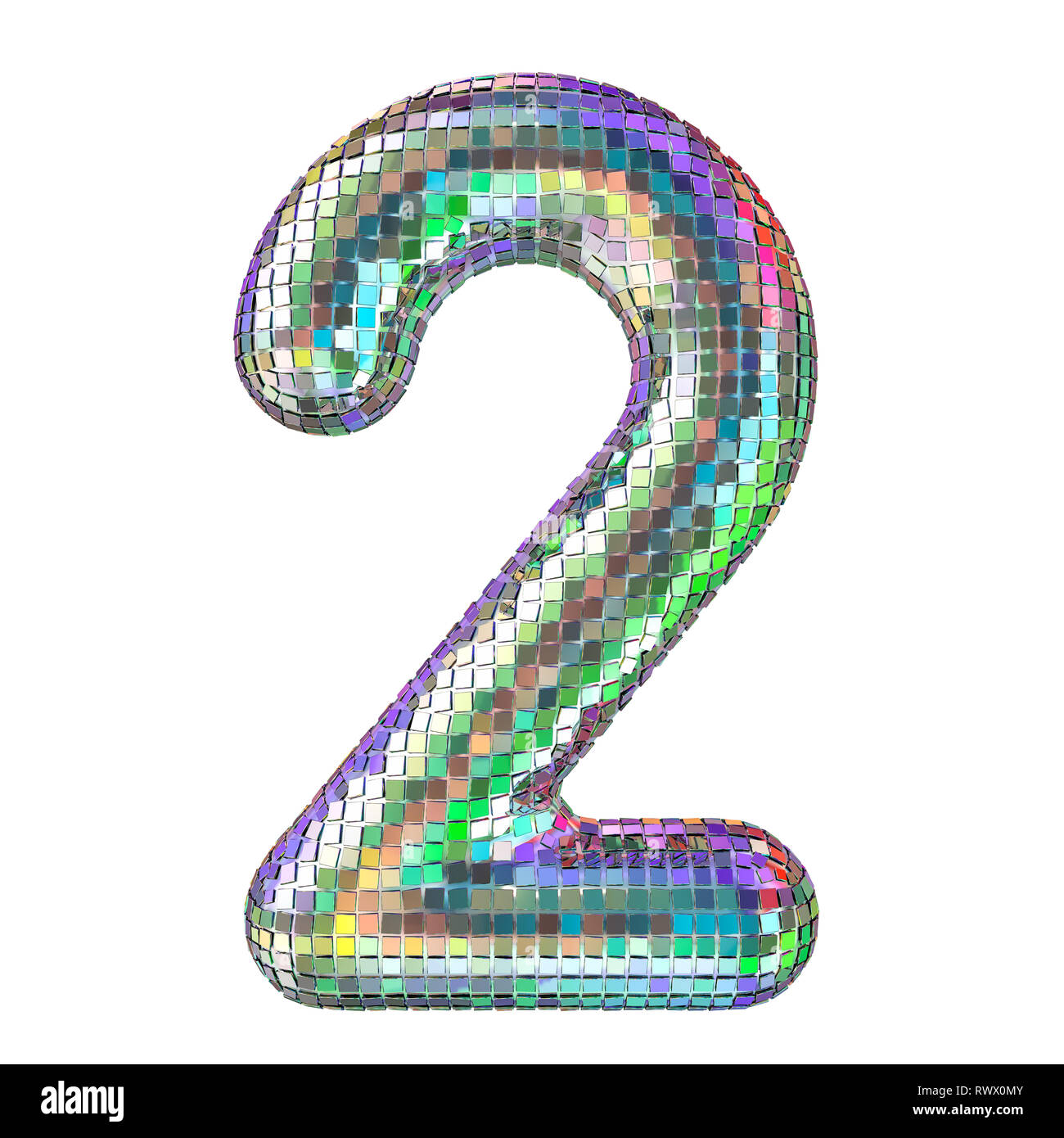 Discoteca font, numero 2 dal glitter sfaccettature dello specchio. 3D rendering isolati su sfondo bianco Foto Stock
