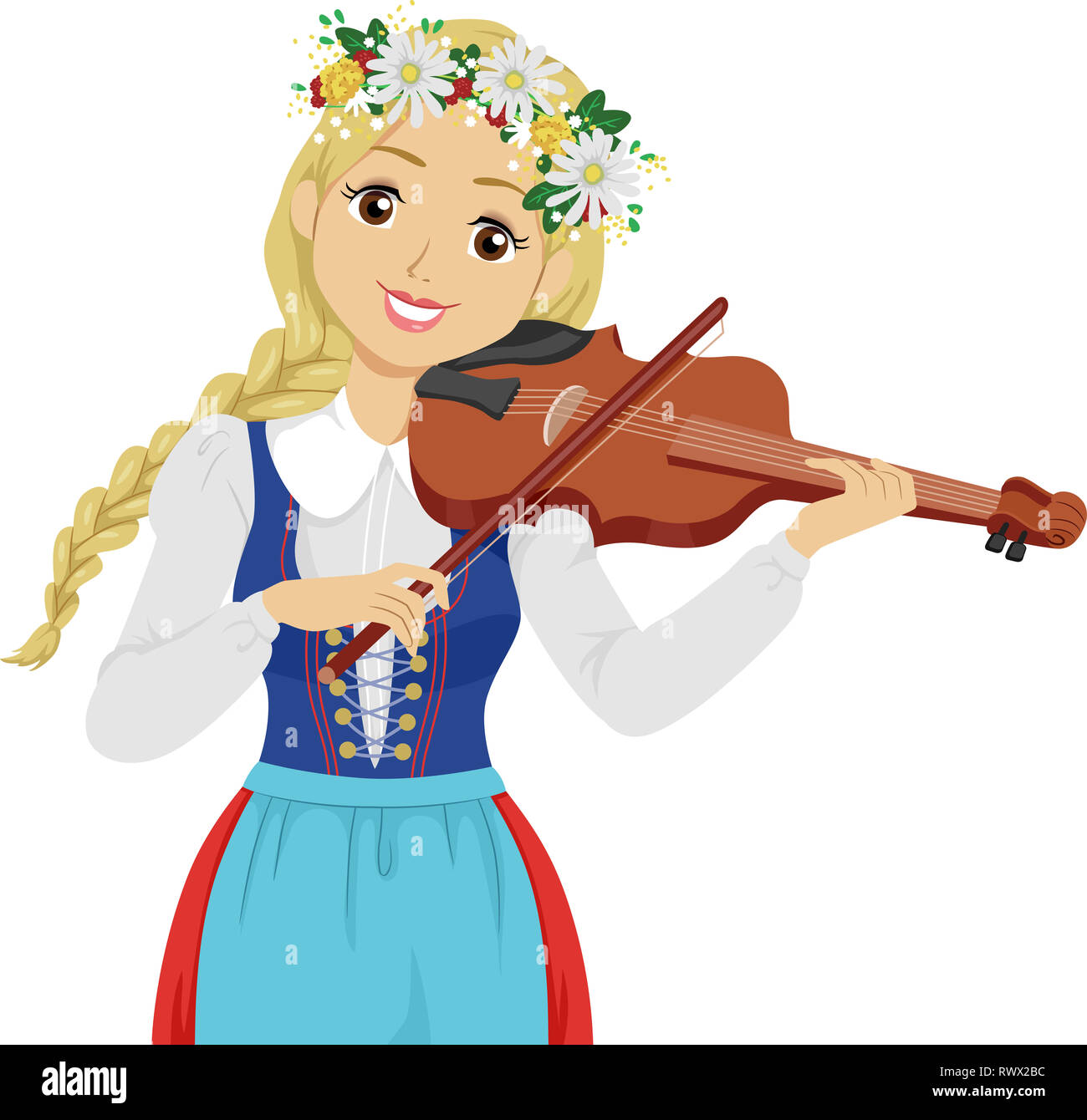 Illustrazione di una ragazza adolescente con testa floreali ghirlanda di suonare il violino durante il Festival di mezza estate Foto Stock