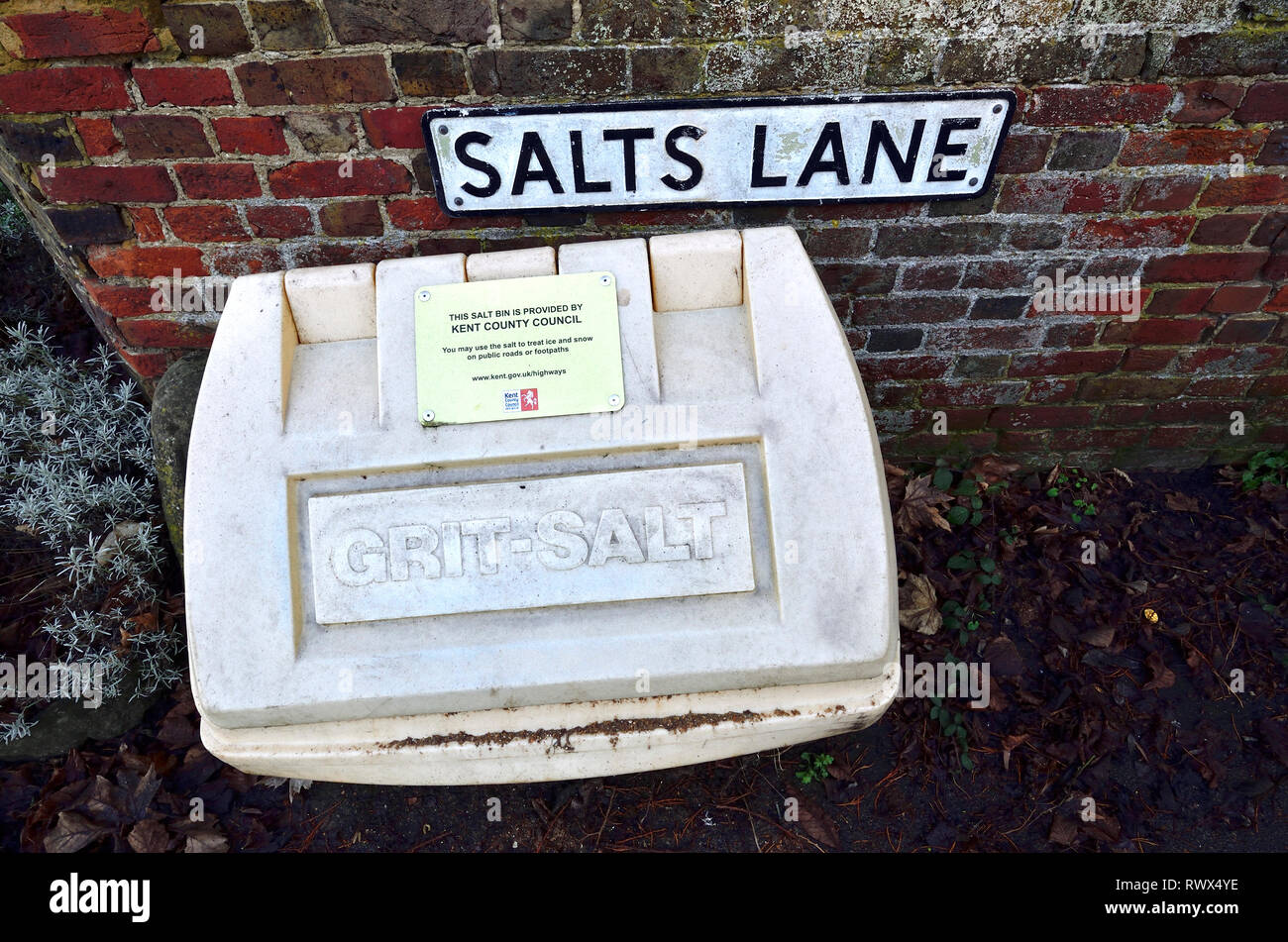 Villaggio allentati, Kent, Regno Unito. Sale grana / bin in sali Lane - fa esattamente quello che si dice sul bidone Foto Stock