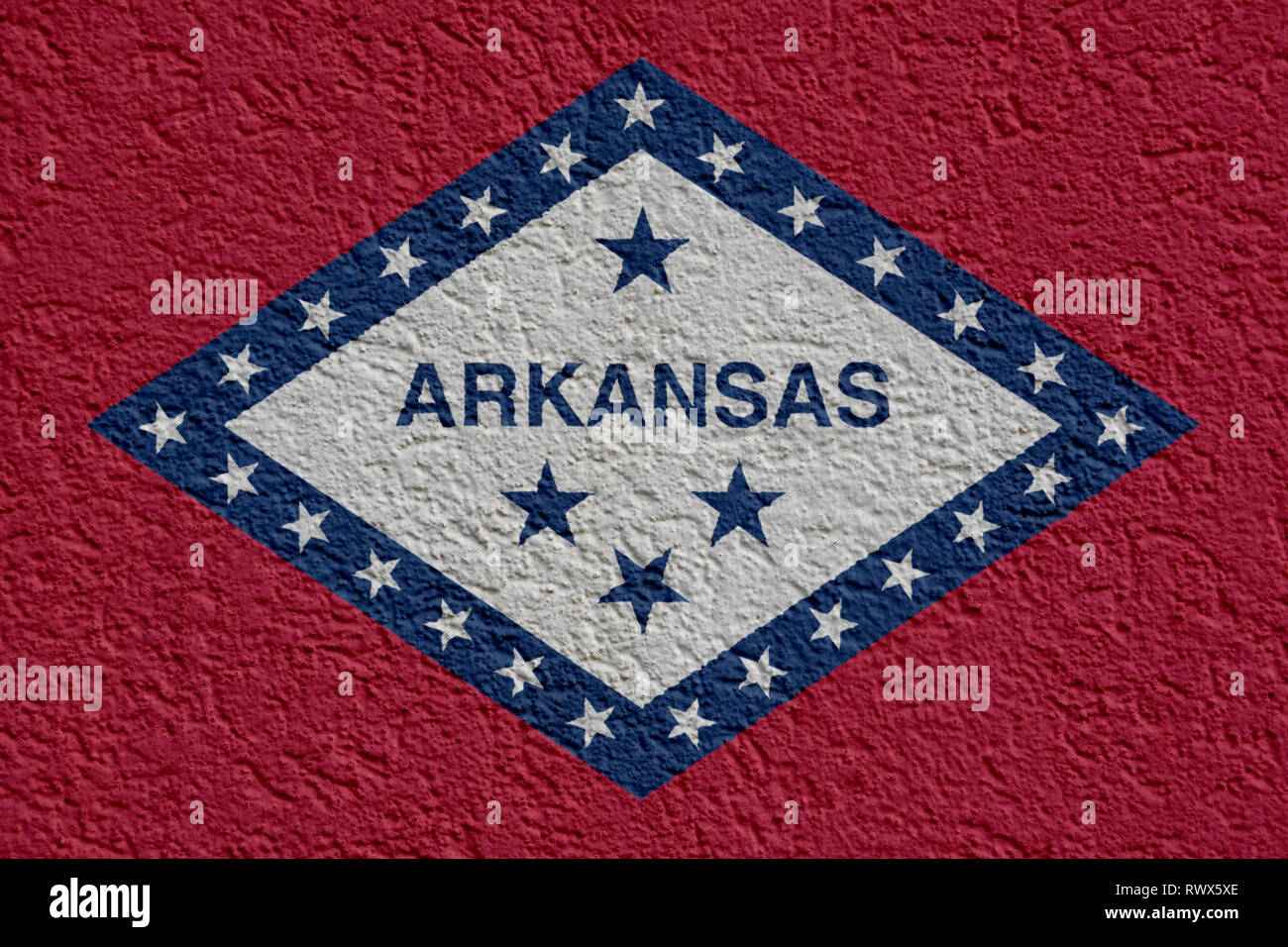 Noi politica dello Stato o il concetto di Business: Arkansas bandiera parete con intonaco, Texture di sfondo Foto Stock