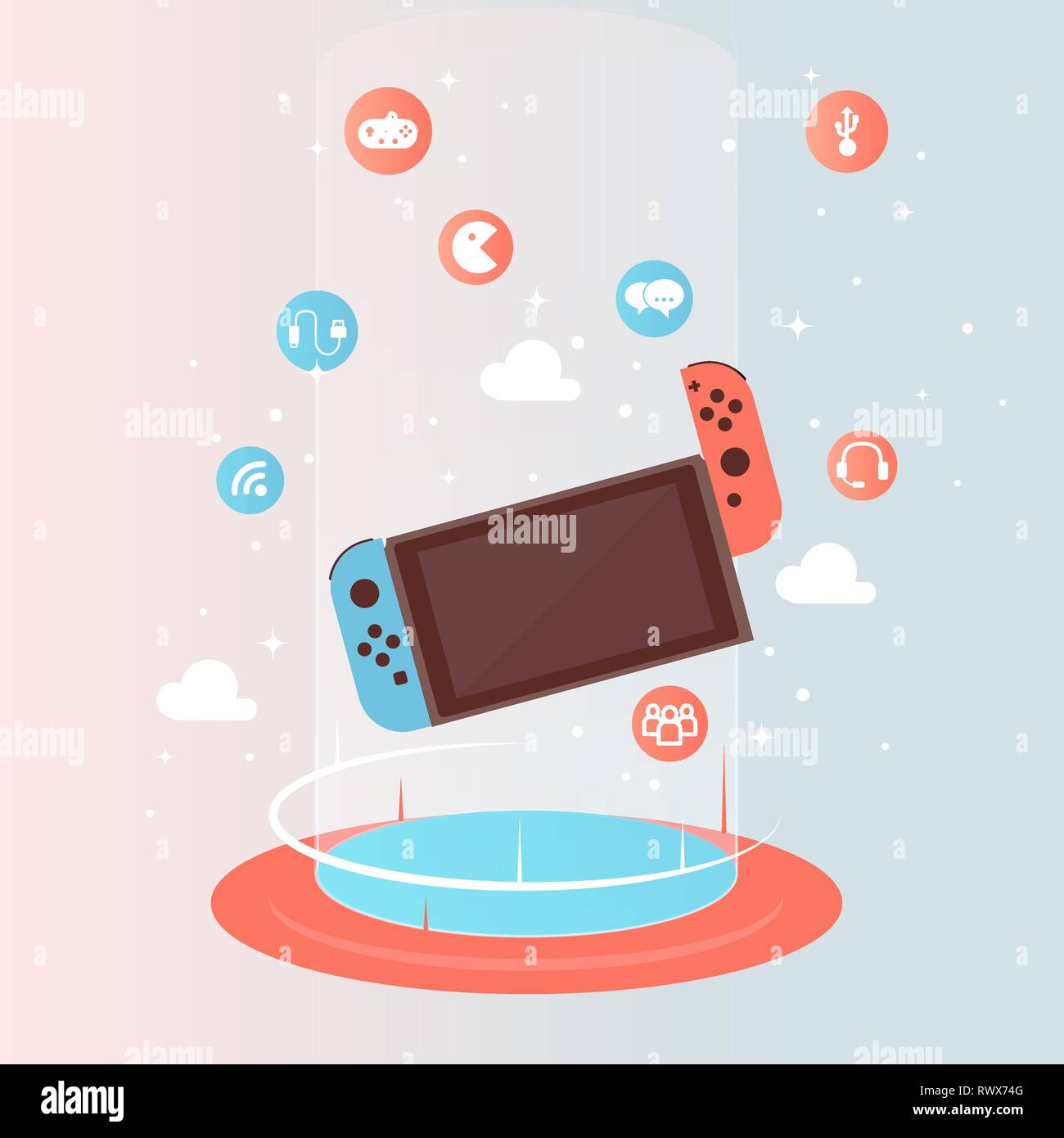 Anti-gravità floating console per video game con icona di gioco. Illustrazione Vettoriale