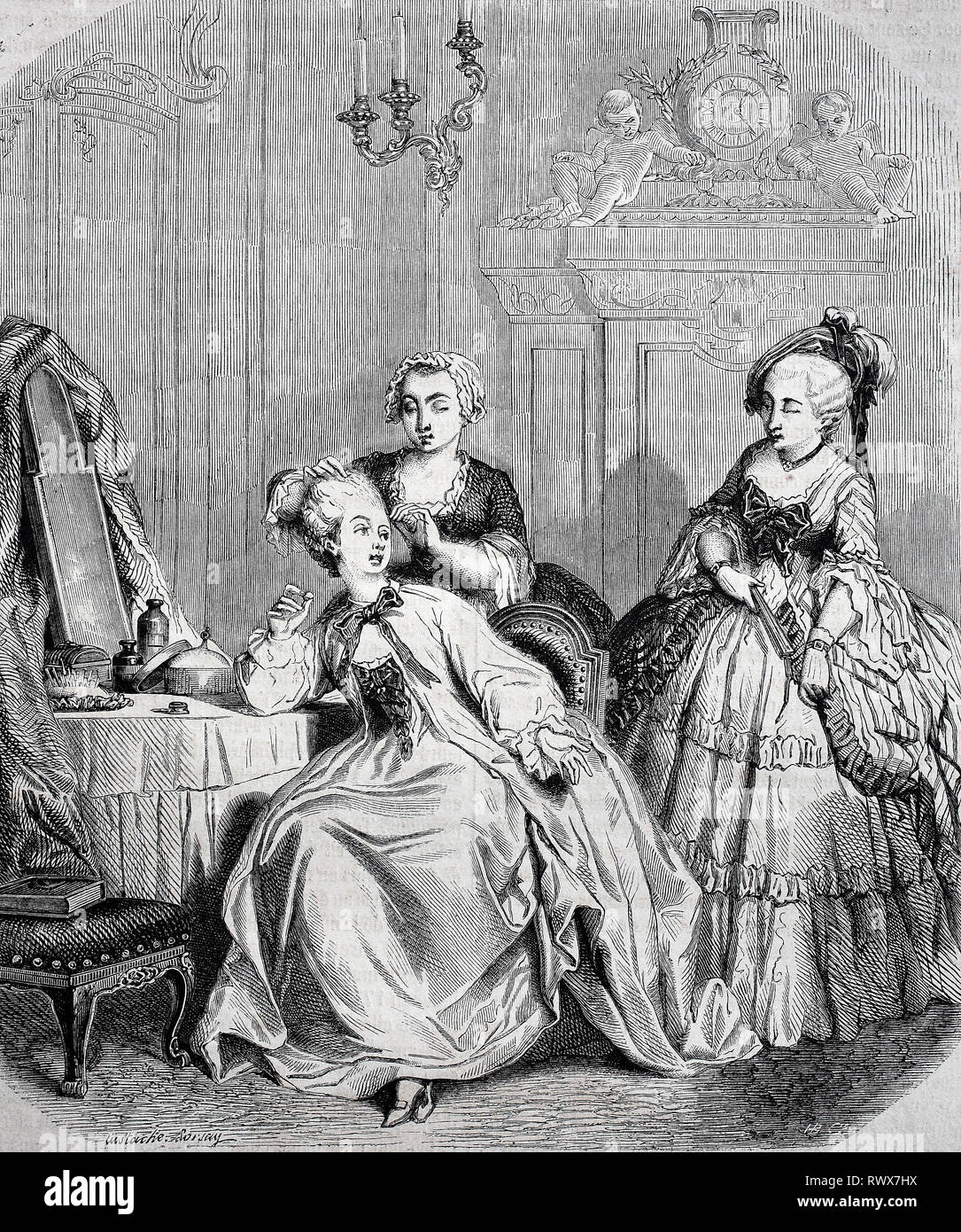 Elegante Frauen beim Frisieren, Zur Zeit von Ludwig XV., 1750, Frankreich / donna elegante spogliatoio, al tempo di Ludwig xv., 1750, Francia Foto Stock