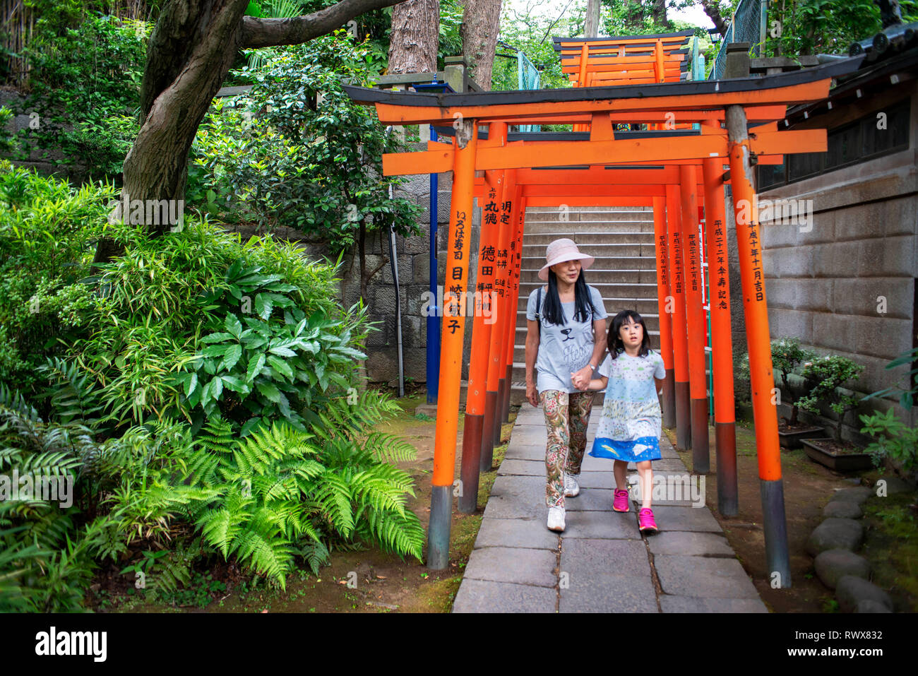 Gojyo santuario Tenjin e il Hanazono Inari santuario entro il parco Ueno Tokyo Giappone Foto Stock
