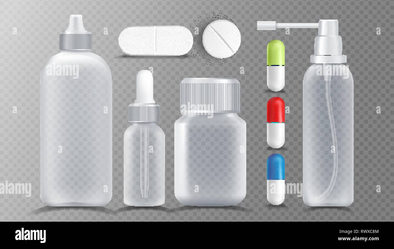 Trasparente contenitore medico vettore. Vaso per compresse, vitamina, capsule. Packaging Design isolato illustrazione realistica Illustrazione Vettoriale