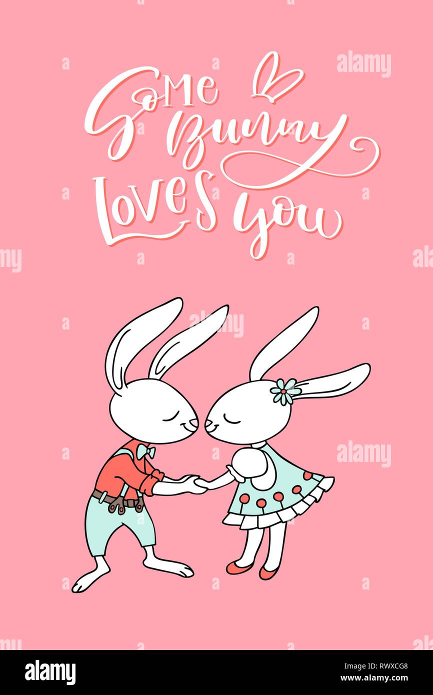 Scheda di pasqua con due simpatici baciare i conigli e il testo scritto a mano alcuni bunny vi ama. Il concetto cristiano di vacanze di primavera congratulazioni. Vettore i Illustrazione Vettoriale