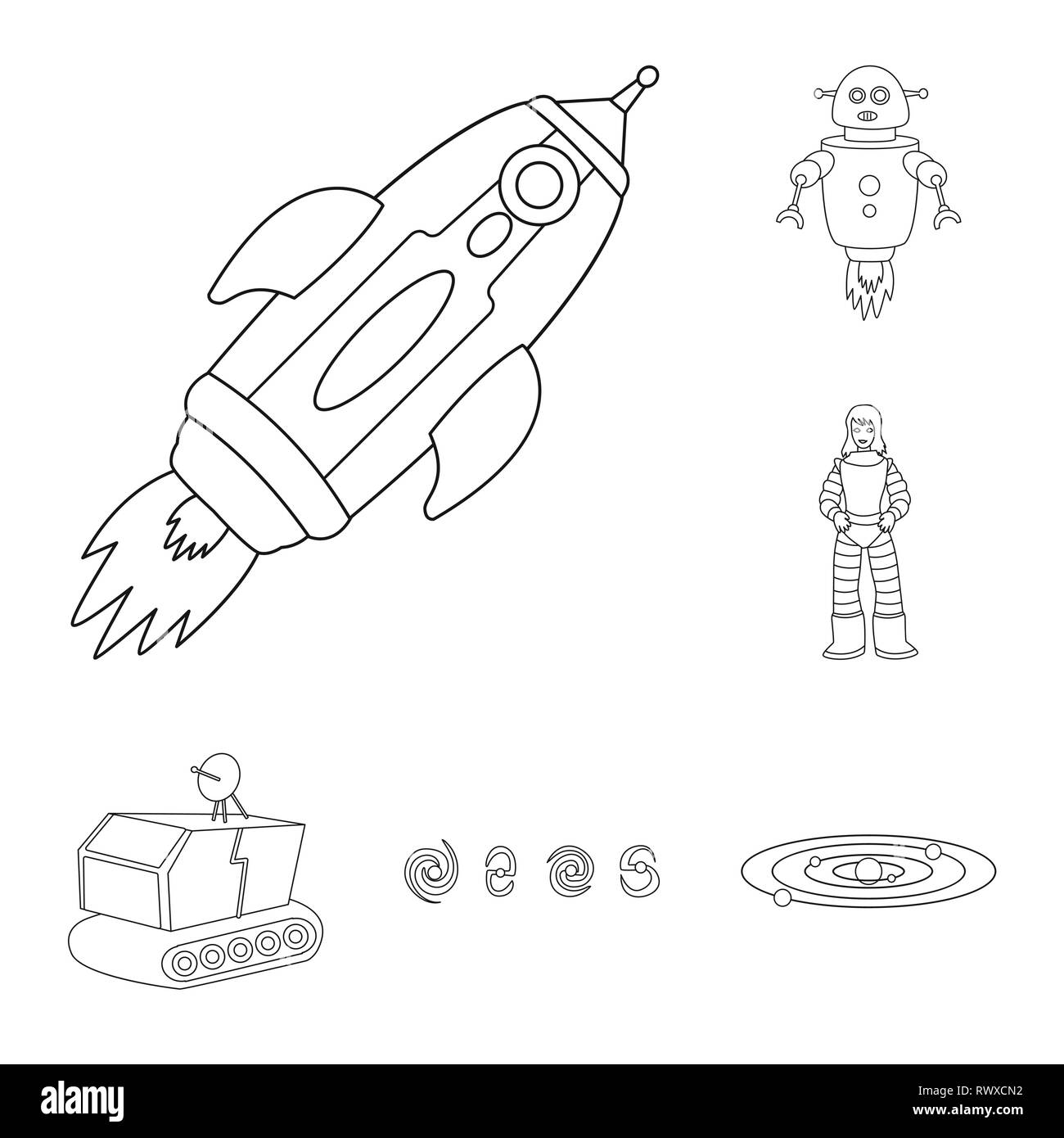 Rocket,robot, astronaut,station,costellazione,avviare,programma,donna,luna,star,nave,android,sogno,elettrodomestici,foro,starlight,astronave,meccanica,futuro,interstellare,cloud,shuttle,l'innovazione,avventura,vuoto,Orbita,metal, explorer, spazio, galassia,universo,viaggi,scienza,cosmic,l'astronomia,technology,colonizzazione,SKY,impostare,vettore,icona,immagine,isolato,raccolta,design,l'elemento,graphic,segno,contorno,linea vettori vettore , Illustrazione Vettoriale